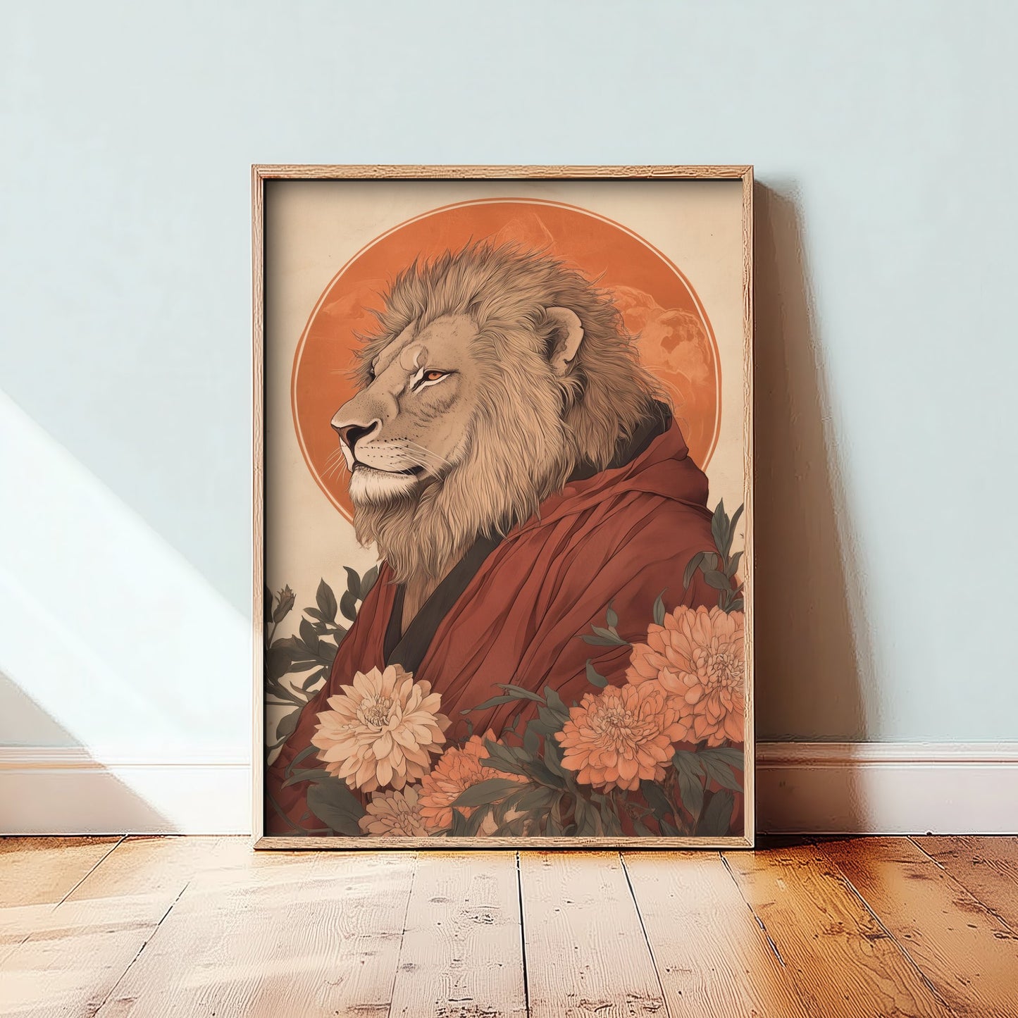 Lion Art Print - Whimsical Animal in Robe Poster - Floral Illustration - Savanna Sovereign Wall Art 1/3