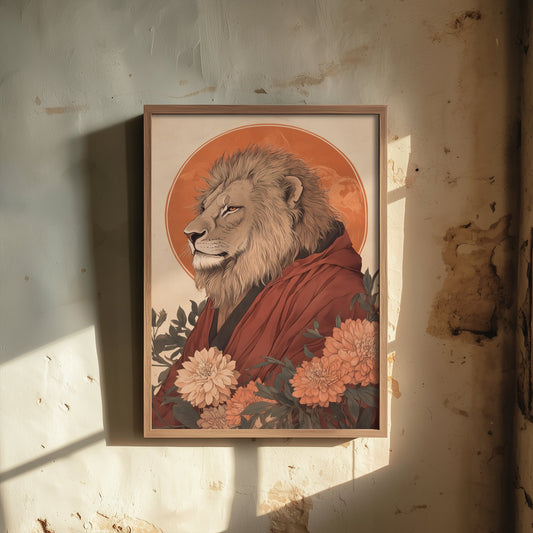 Lion Art Print - Whimsical Animal in Robe Poster - Floral Illustration - Savanna Sovereign Wall Art 1/3