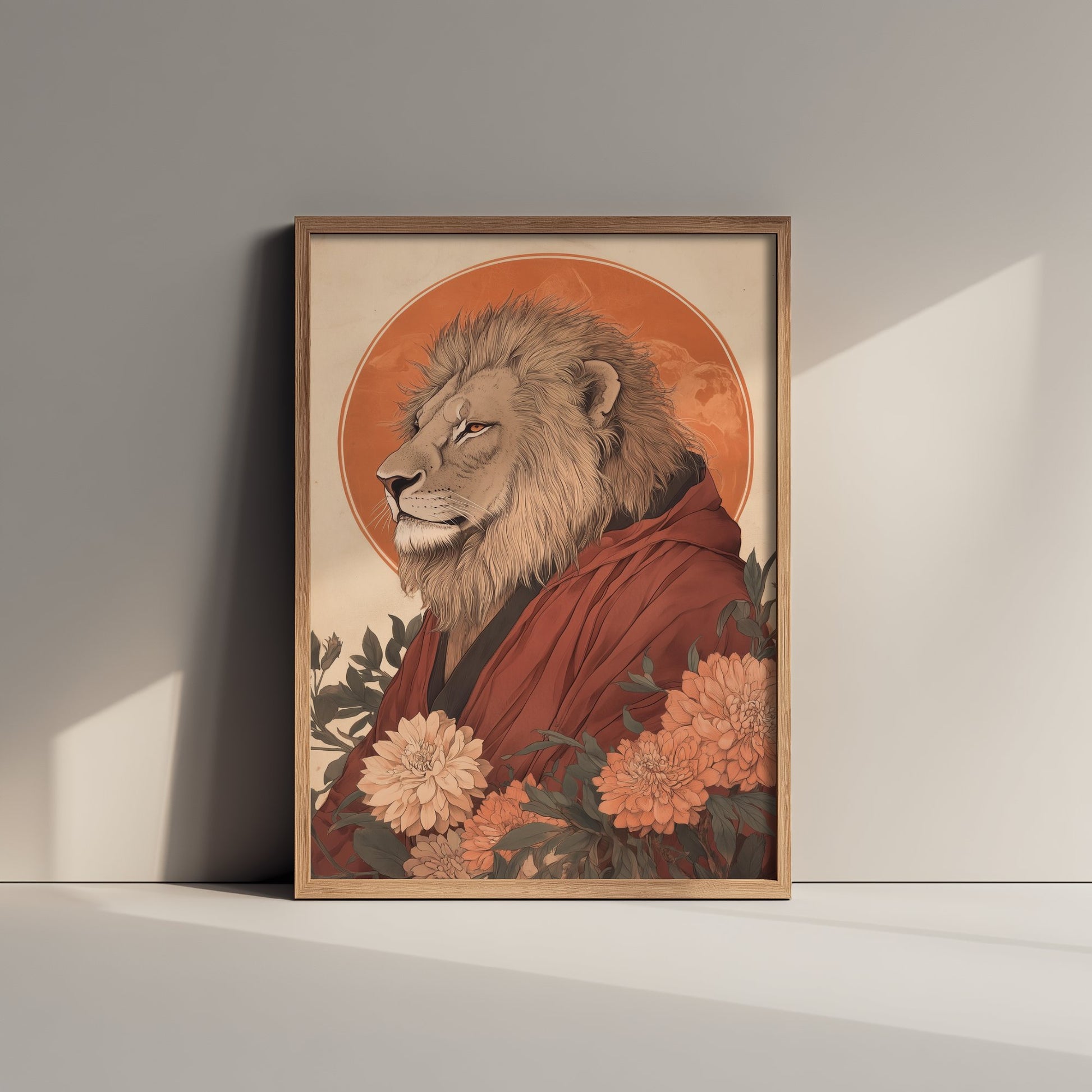 Lion Art Print - Whimsical Animal in Robe Poster - Floral Illustration - Savanna Sovereign Wall Art 1/3