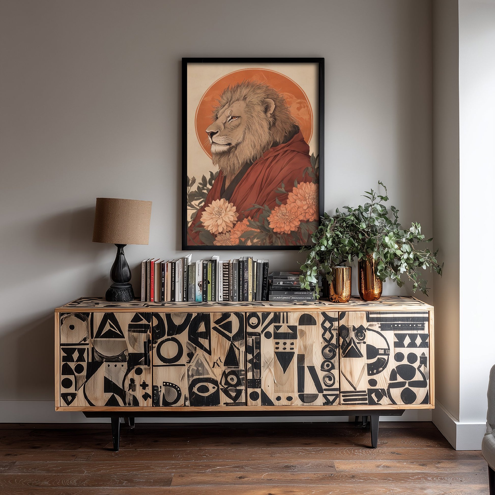 Lion Art Print - Whimsical Animal in Robe Poster - Floral Illustration - Savanna Sovereign Wall Art 1/3