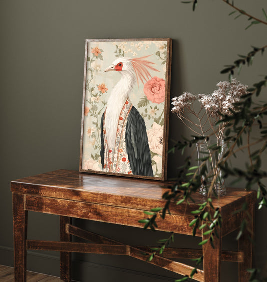 Secretary Bird Art Print - Whimsical Animal in Robe Poster - Floral Illustration - Savanna Wall Art 2/3