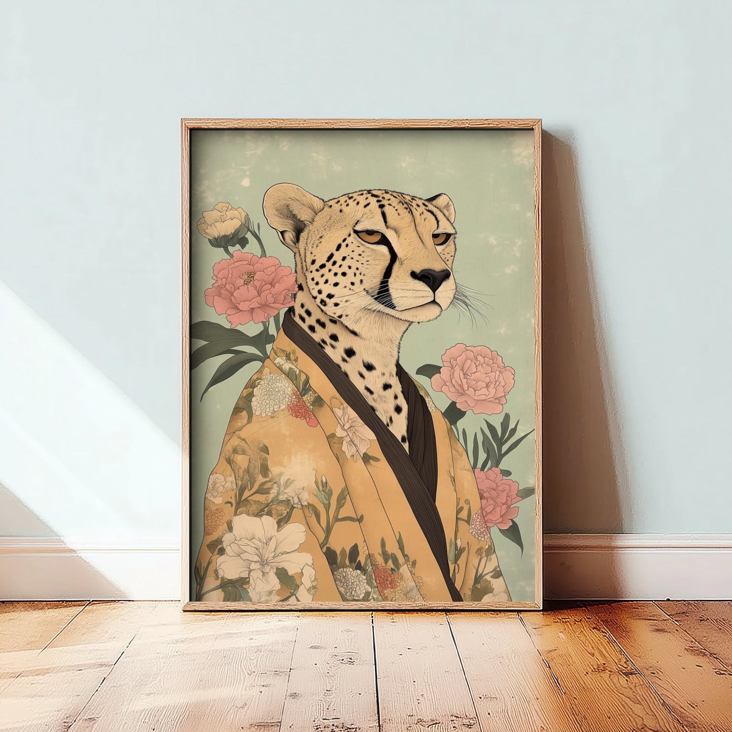 Cheetah Art Print - Whimsical Animal in Kimono Poster - Floral Illustration - Savanna Sovereign Wall Art 3/3