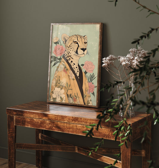 Cheetah Art Print - Whimsical Animal in Kimono Poster - Floral Illustration - Savanna Sovereign Wall Art 3/3