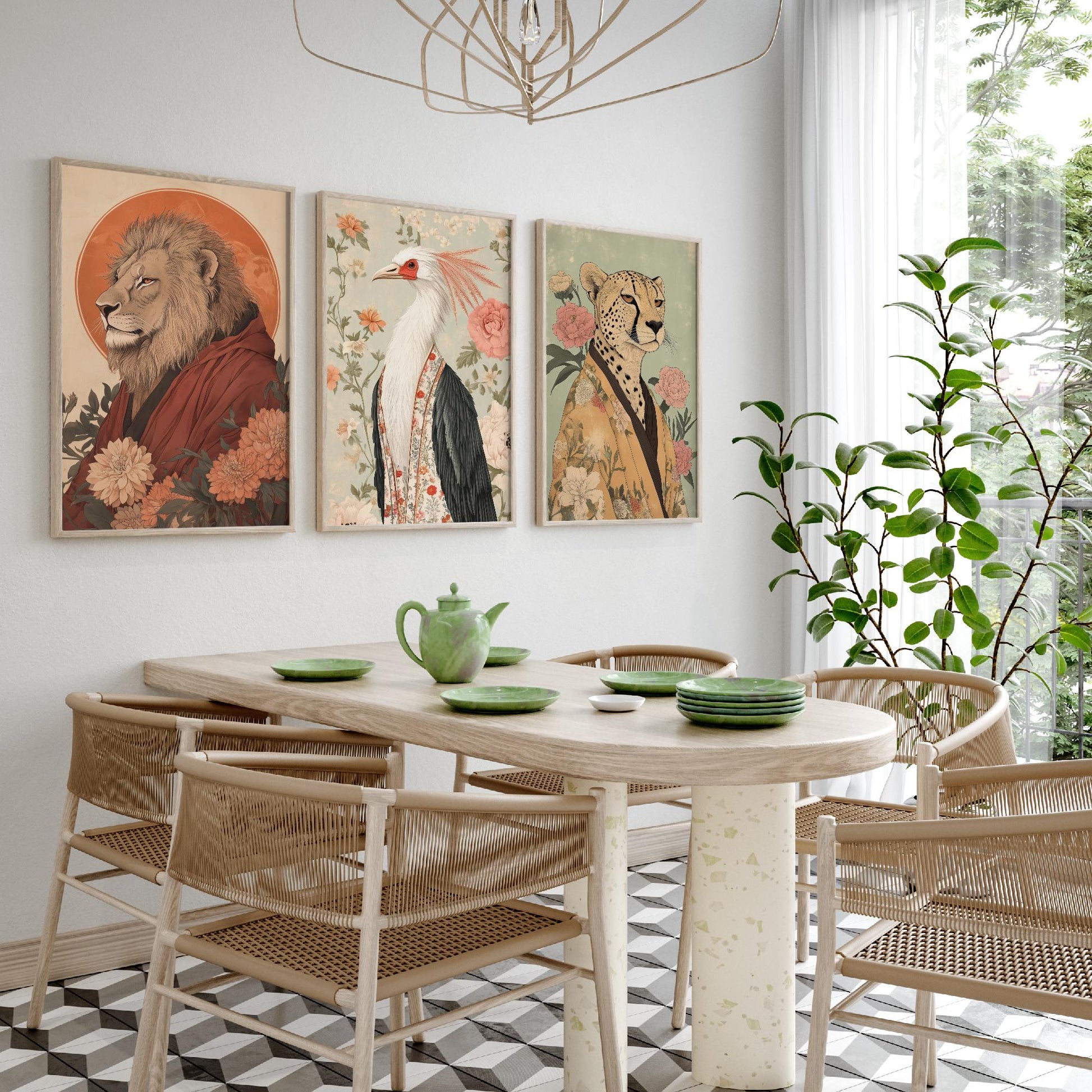 Religious Animals Savanna Sovereigns Set of Three Art Prints - 3 Lion Secretary Bird Cheetah Posters - Ornate Illustration Gift