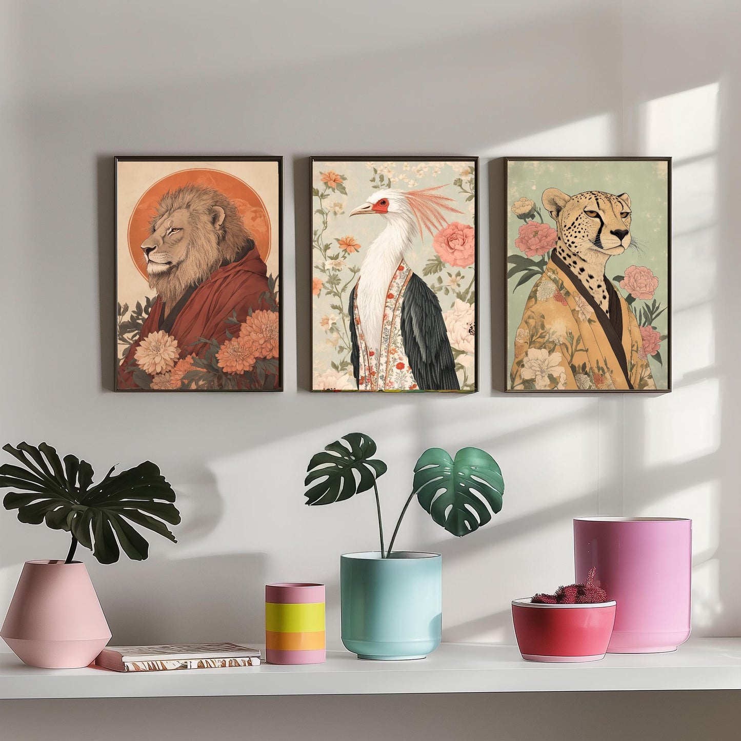 Religious Animals Savanna Sovereigns Set of Three Art Prints - 3 Lion Secretary Bird Cheetah Posters - Ornate Illustration Gift