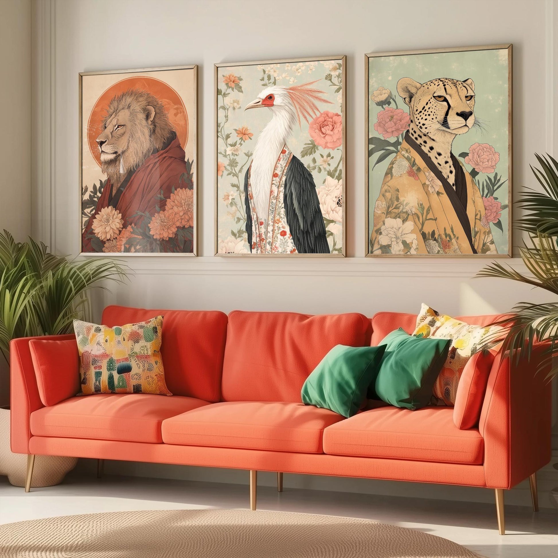 Religious Animals Savanna Sovereigns Set of Three Art Prints - 3 Lion Secretary Bird Cheetah Posters - Ornate Illustration Gift