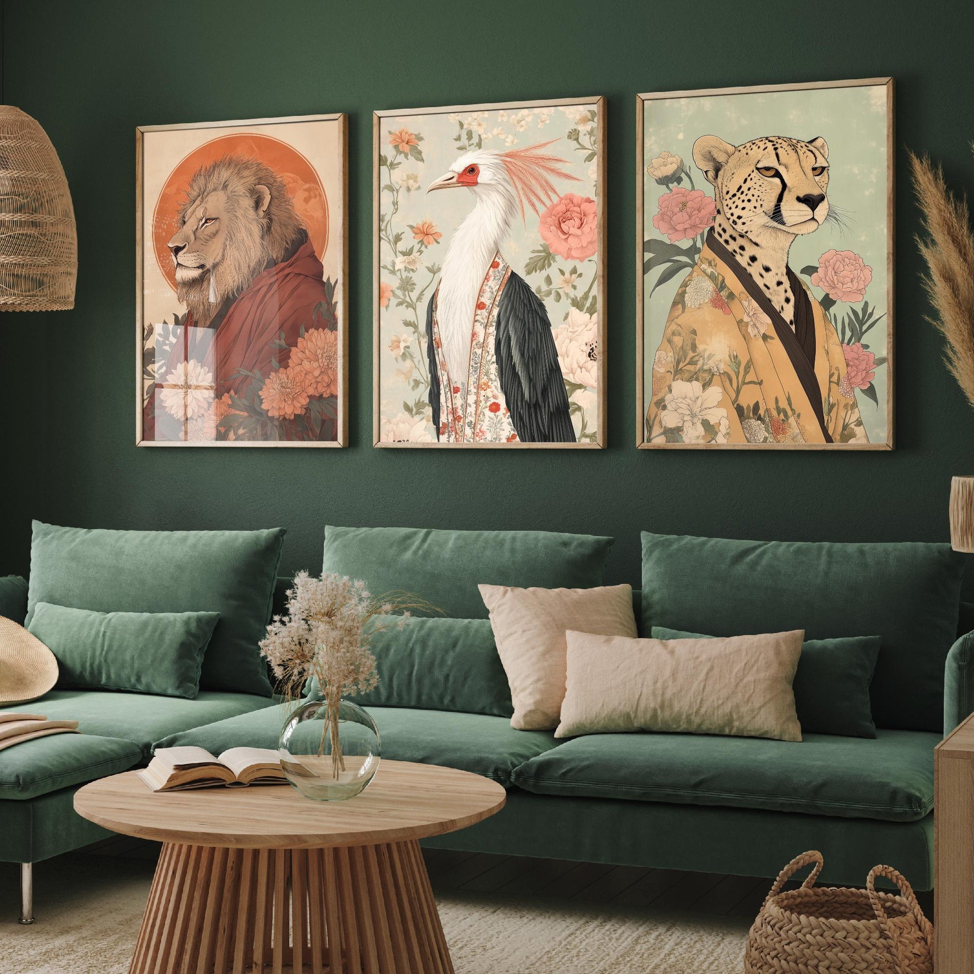 Religious Animals Savanna Sovereigns Set of Three Art Prints - 3 Lion Secretary Bird Cheetah Posters - Ornate Illustration Gift