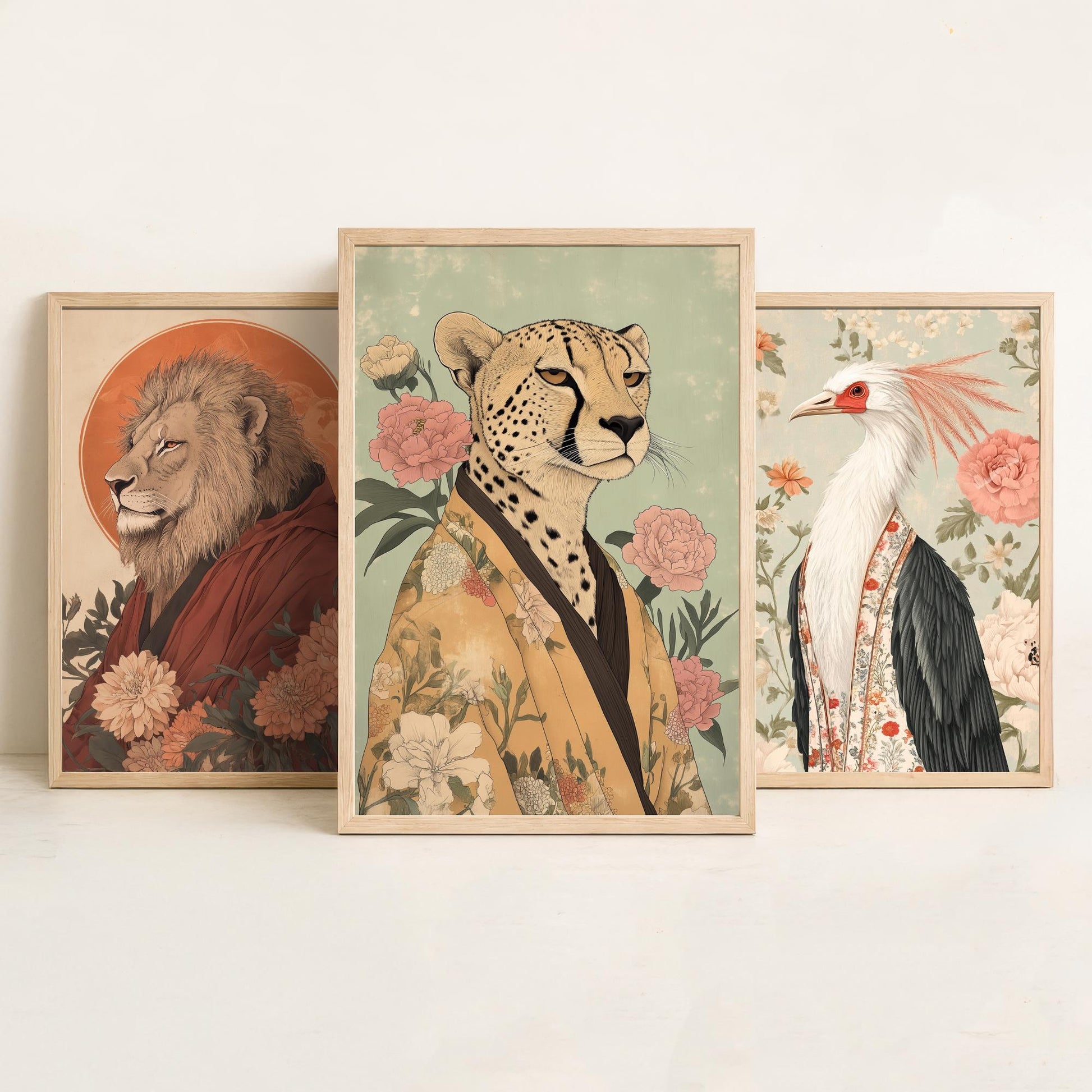 Religious Animals Savanna Sovereigns Set of Three Art Prints - 3 Lion Secretary Bird Cheetah Posters - Ornate Illustration Gift