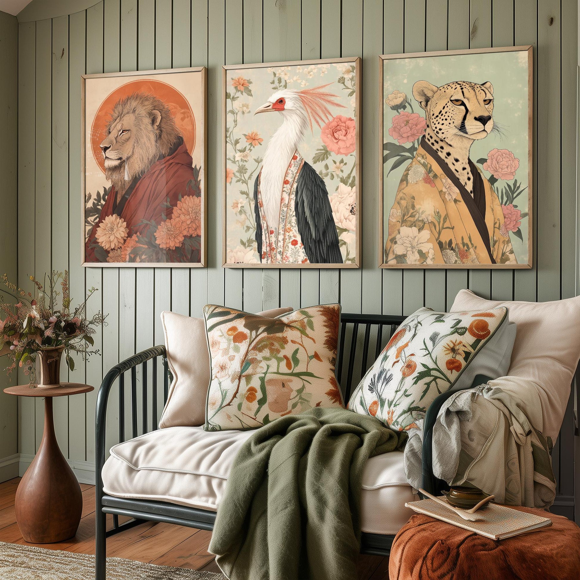 Religious Animals Savanna Sovereigns Set of Three Art Prints - 3 Lion Secretary Bird Cheetah Posters - Ornate Illustration Gift