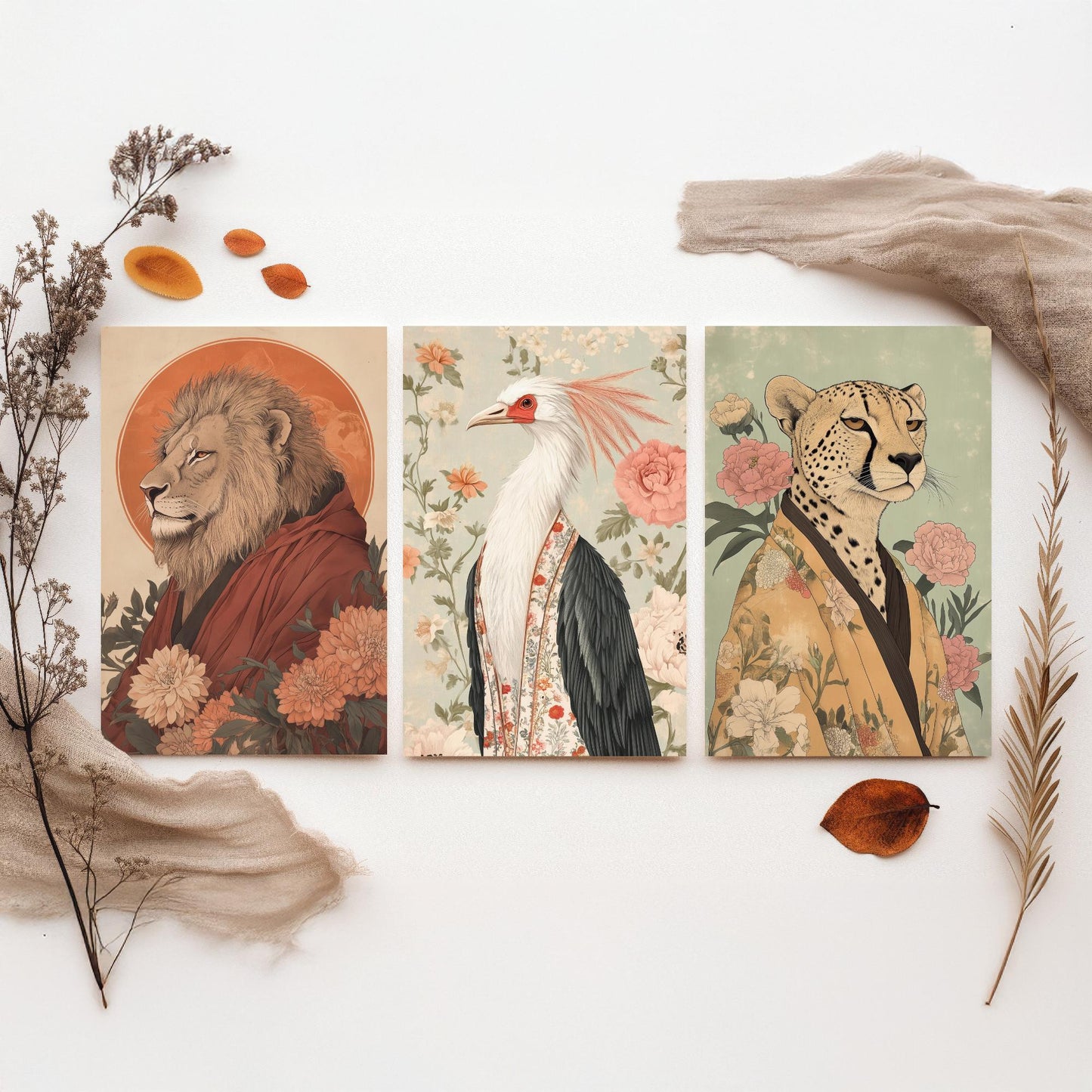 Religious Animals Savanna Sovereigns Set of Three Art Prints - 3 Lion Secretary Bird Cheetah Posters - Ornate Illustration Gift