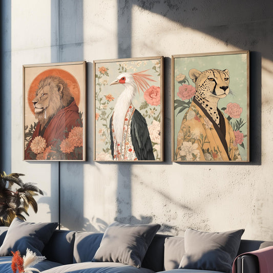 Religious Animals Savanna Sovereigns Set of Three Art Prints - 3 Lion Secretary Bird Cheetah Posters - Ornate Illustration Gift