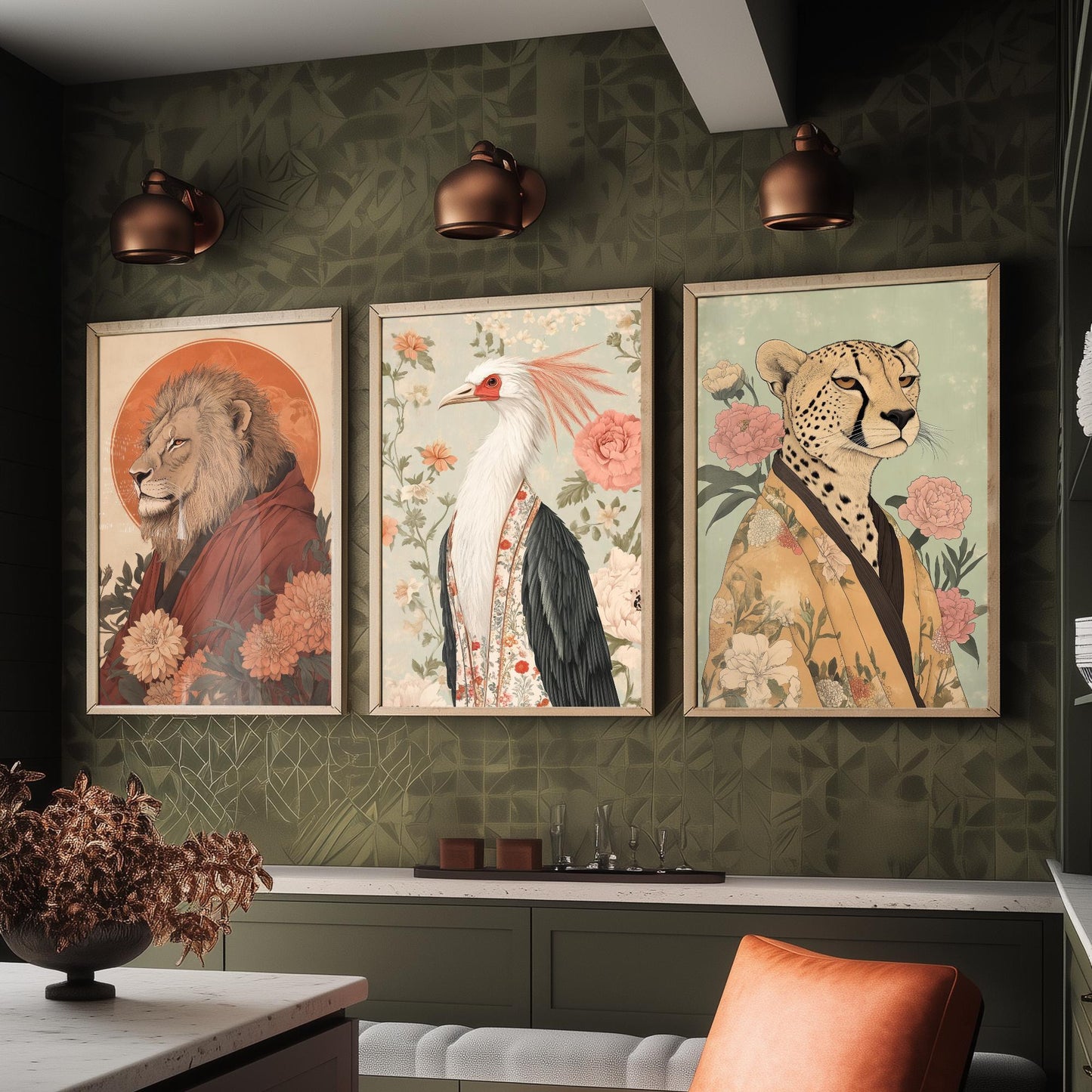 Religious Animals Savanna Sovereigns Set of Three Art Prints - 3 Lion Secretary Bird Cheetah Posters - Ornate Illustration Gift