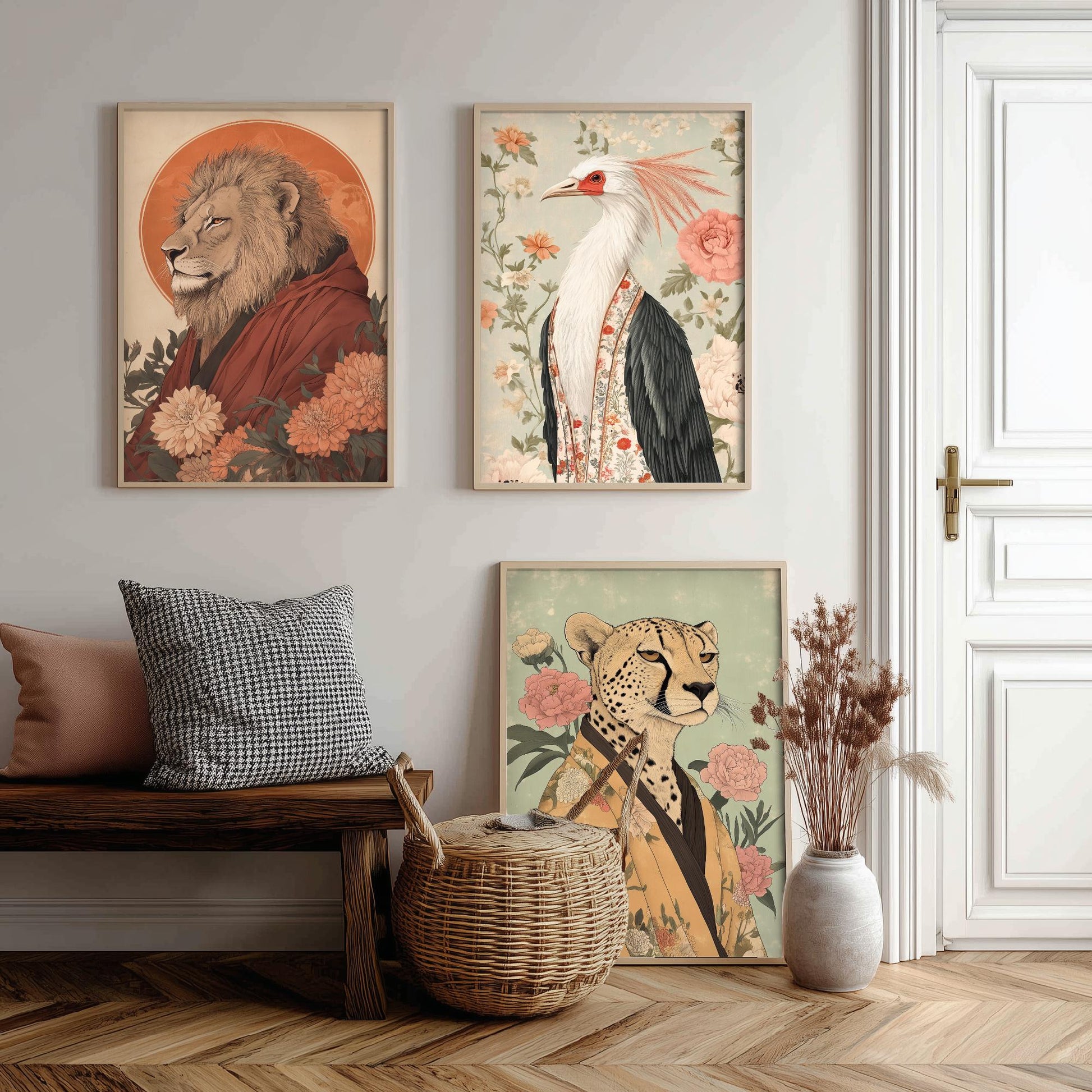 Religious Animals Savanna Sovereigns Set of Three Art Prints - 3 Lion Secretary Bird Cheetah Posters - Ornate Illustration Gift