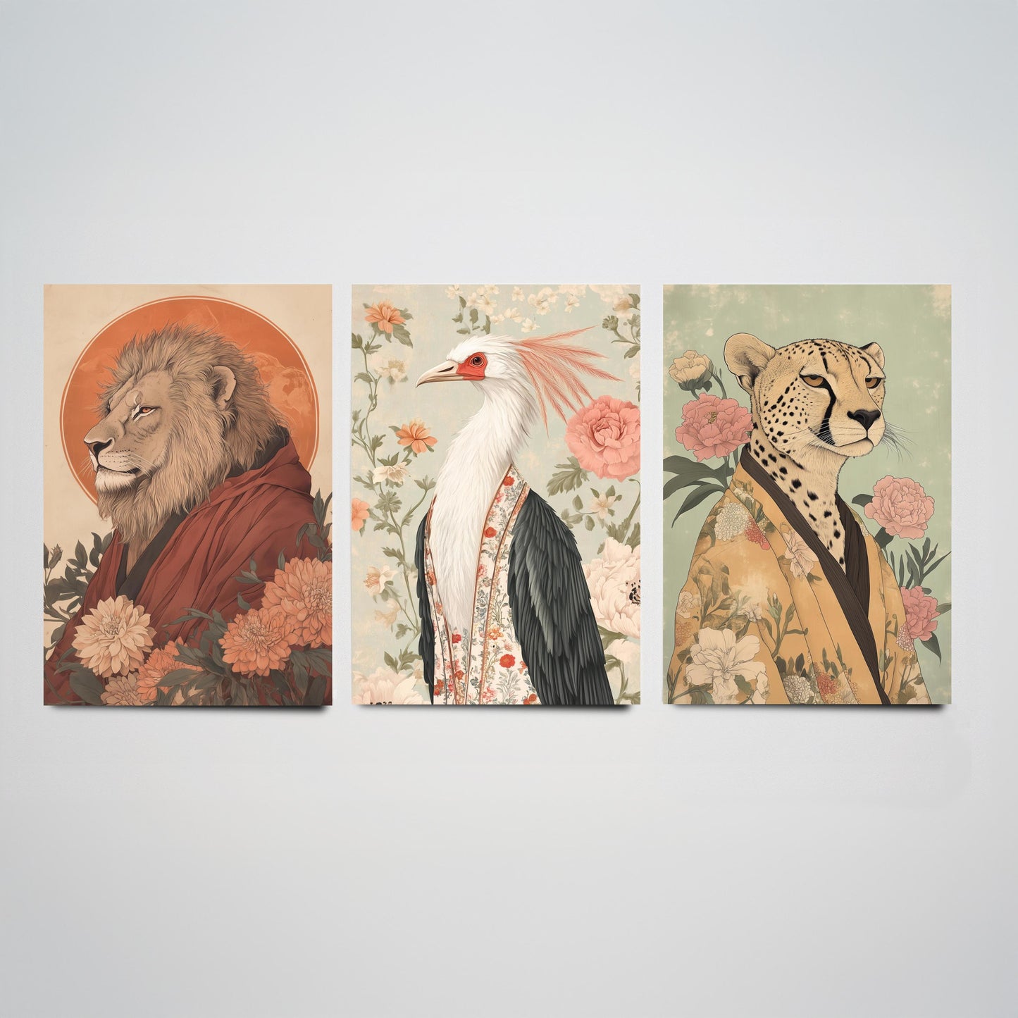 Religious Animals Savanna Sovereigns Set of Three Art Prints - 3 Lion Secretary Bird Cheetah Posters - Ornate Illustration Gift