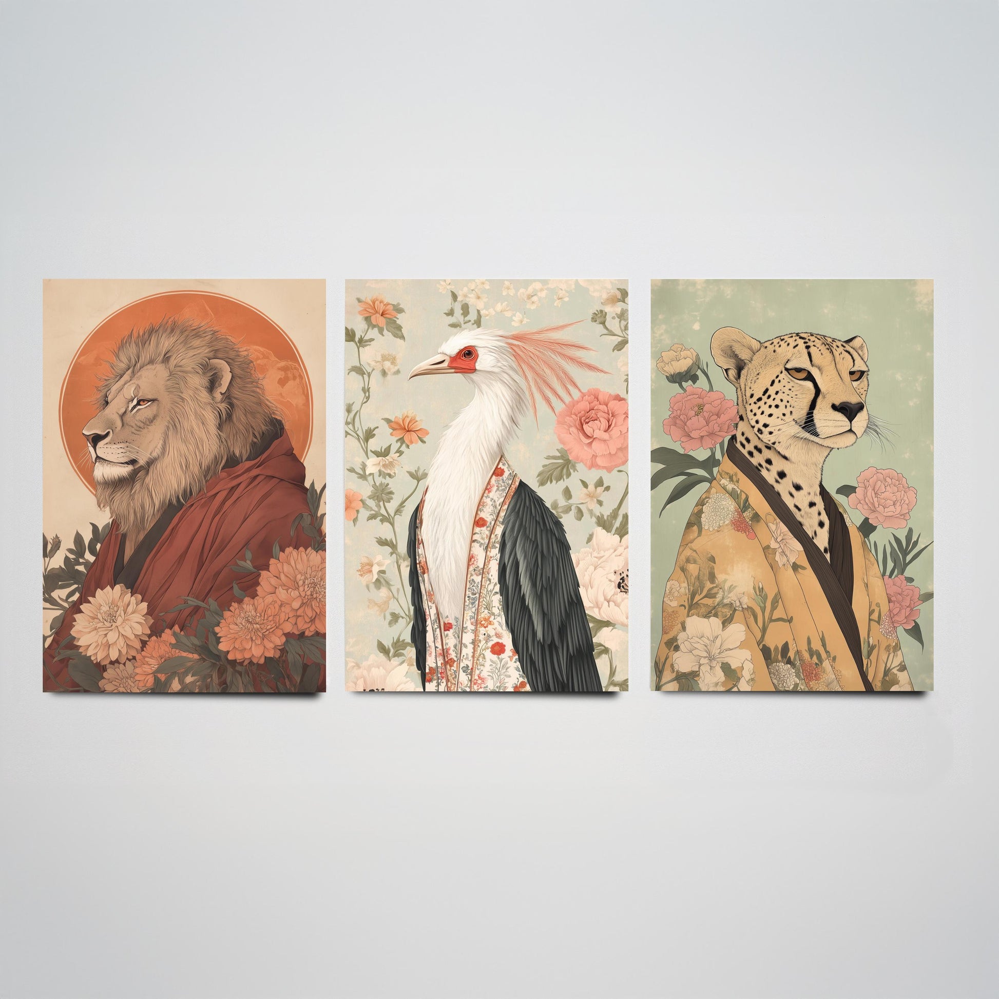 Religious Animals Savanna Sovereigns Set of Three Art Prints - 3 Lion Secretary Bird Cheetah Posters - Ornate Illustration Gift