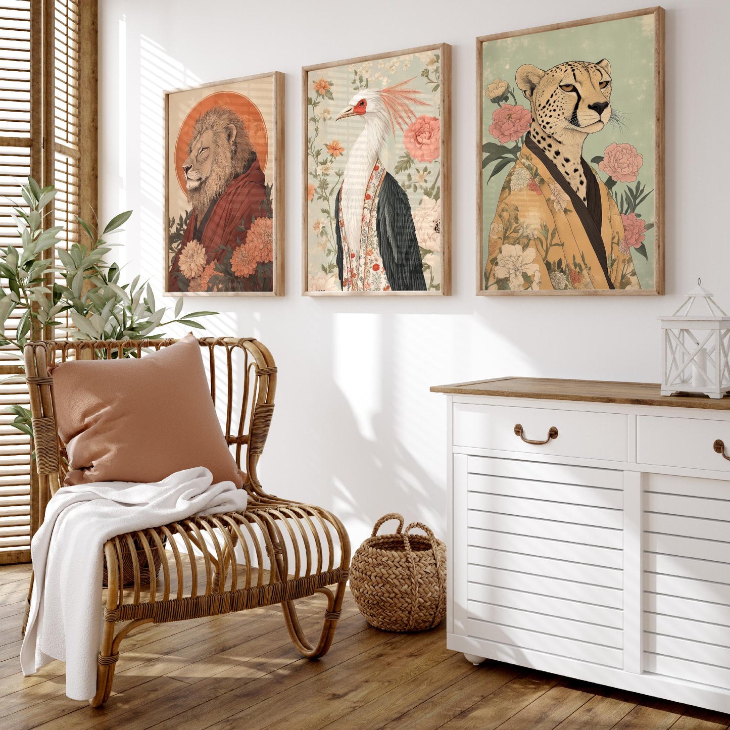 Religious Animals Savanna Sovereigns Set of Three Art Prints - 3 Lion Secretary Bird Cheetah Posters - Ornate Illustration Gift