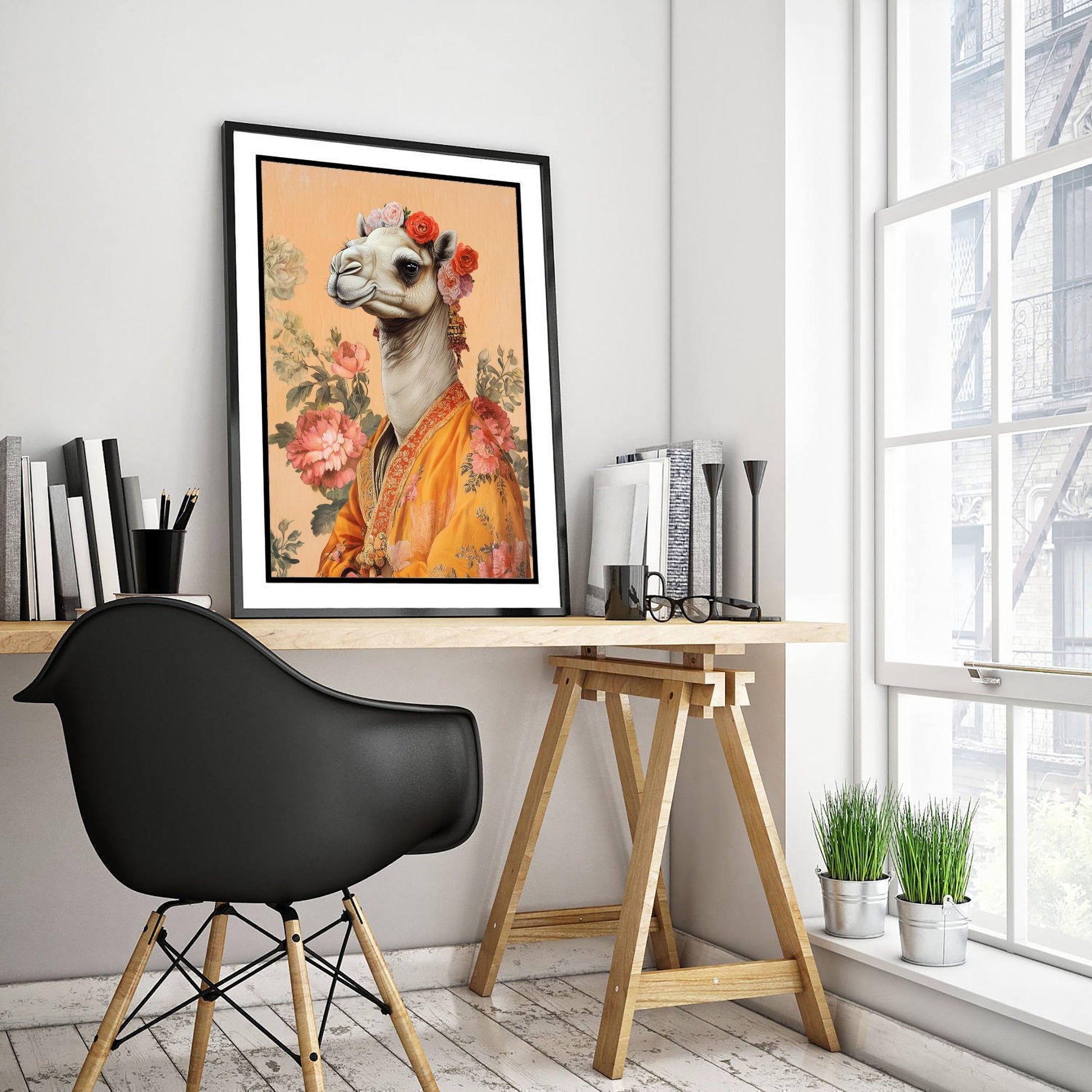 Camel Art Print - Whimsical Animal in Robe Poster - Floral Illustration - Desert Ascetic Wall Art 1/3