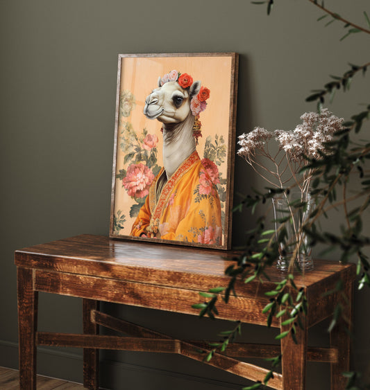 Camel Art Print - Whimsical Animal in Robe Poster - Floral Illustration - Desert Ascetic Wall Art 1/3