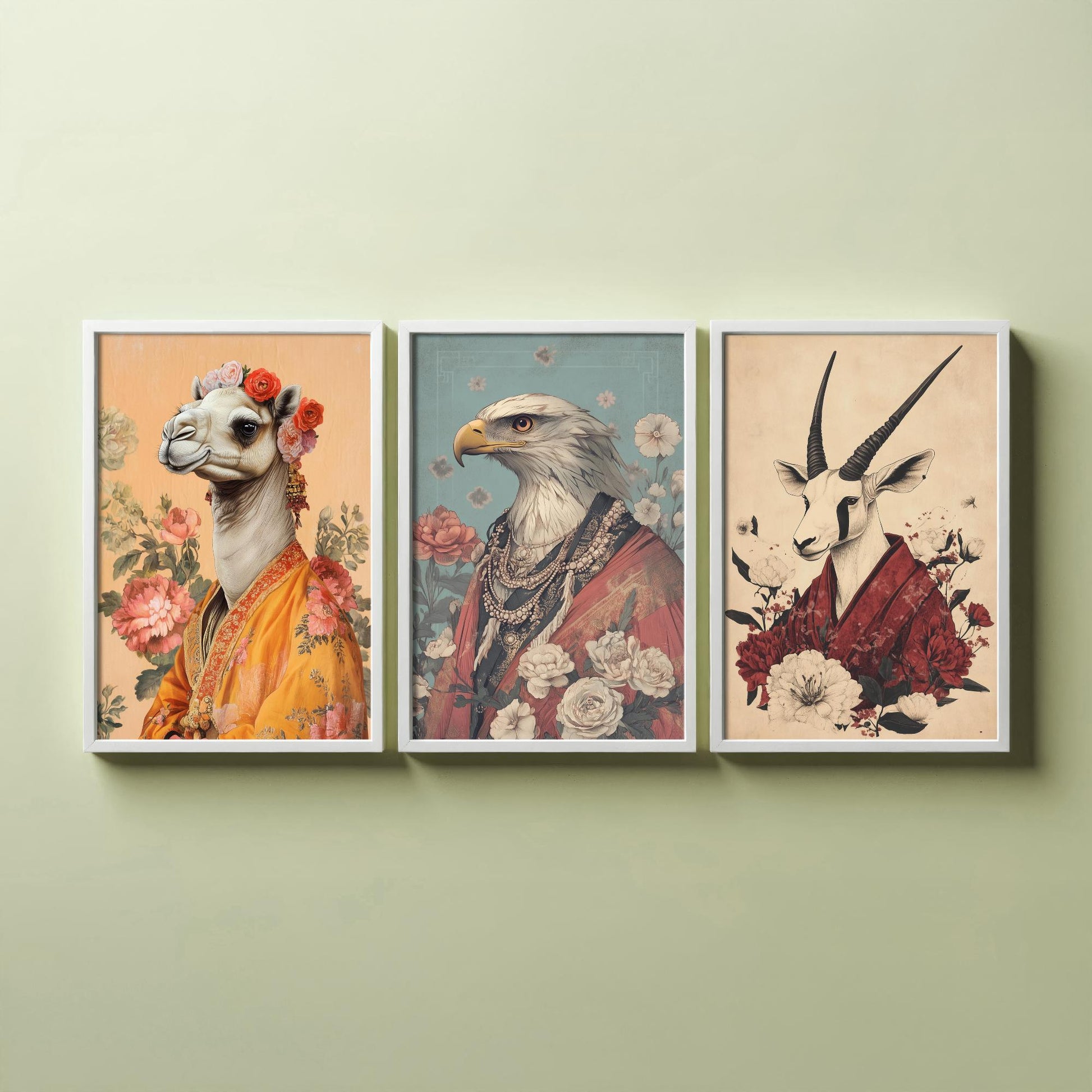 Religious Animals Desert Ascetics Set of Three Art Prints - 3 Arabian Oryx Bactrian Camel Golden Eagle Posters - Illustration Wall Gift