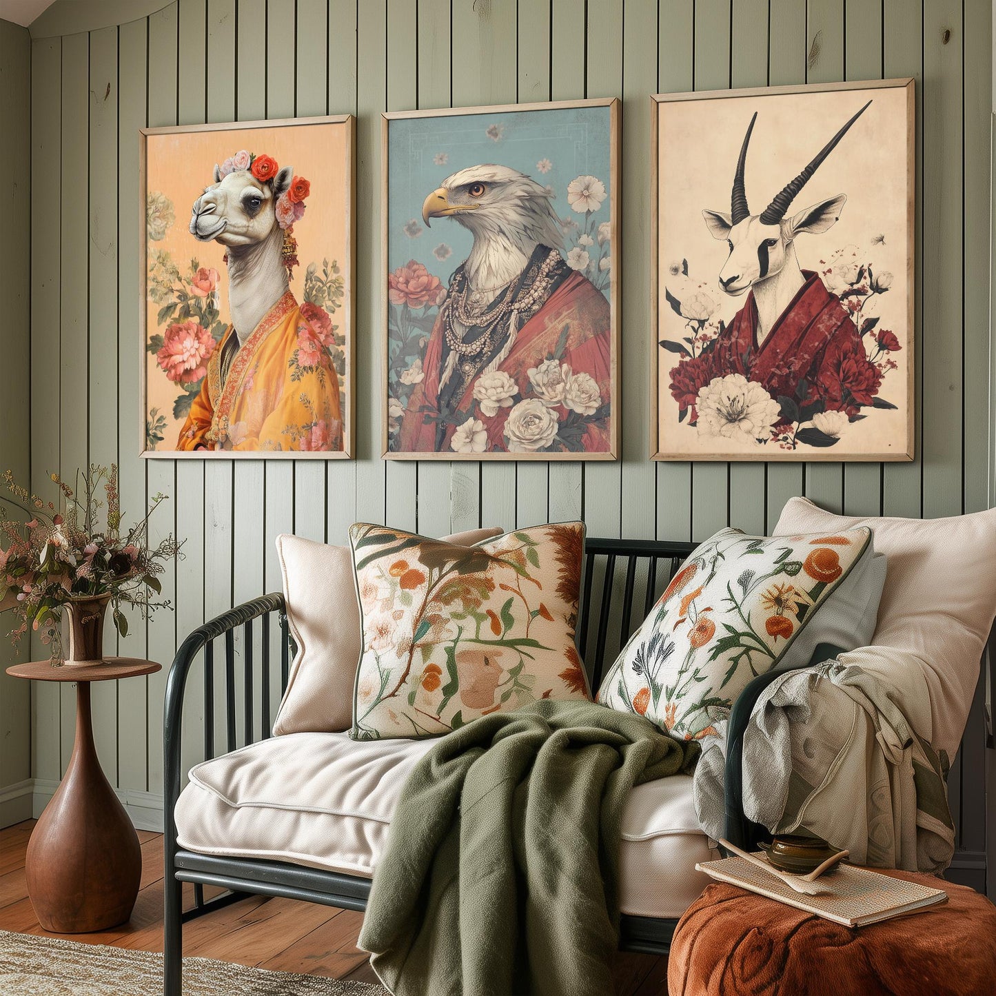 Religious Animals Desert Ascetics Set of Three Art Prints - 3 Arabian Oryx Bactrian Camel Golden Eagle Posters - Illustration Wall Gift