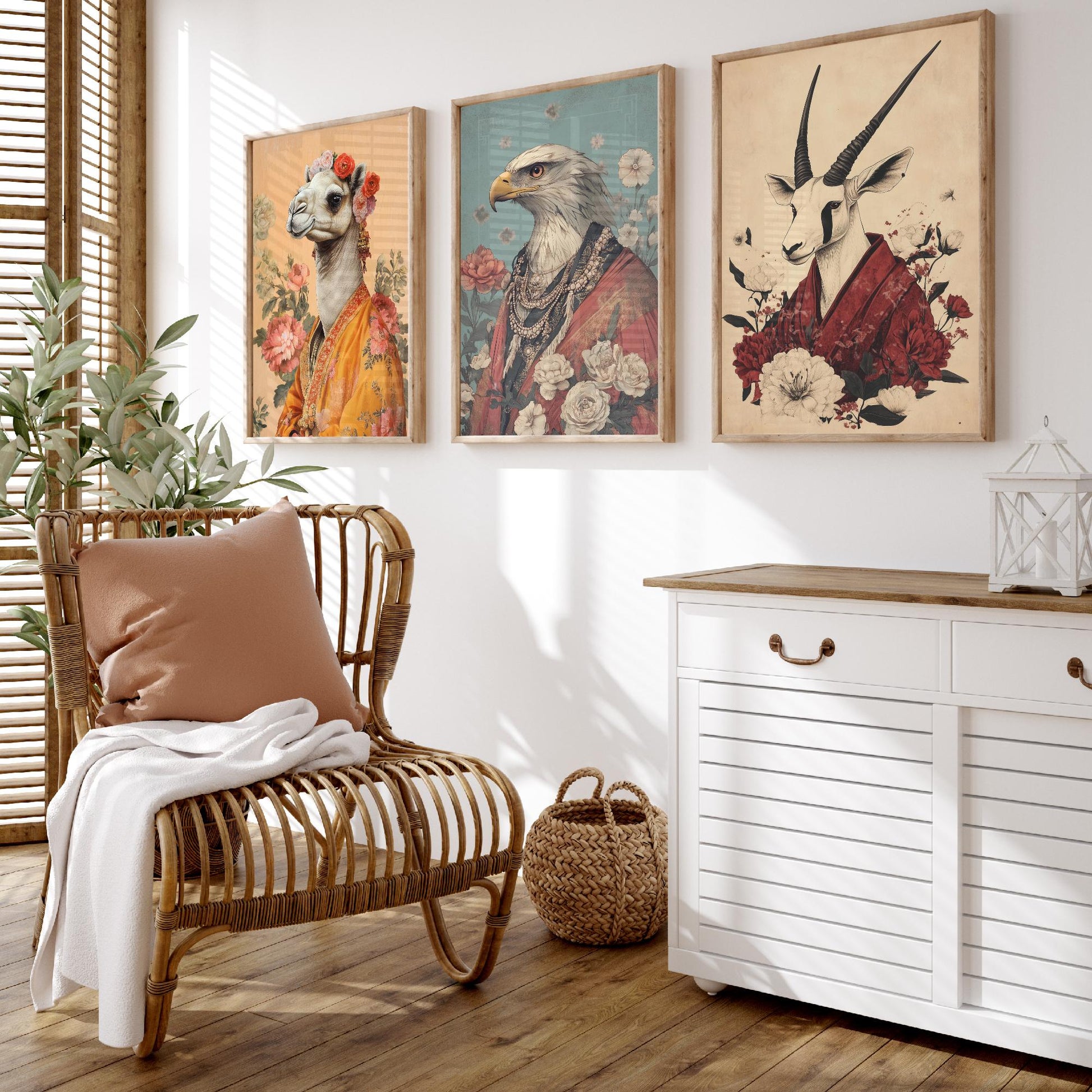 Religious Animals Desert Ascetics Set of Three Art Prints - 3 Arabian Oryx Bactrian Camel Golden Eagle Posters - Illustration Wall Gift