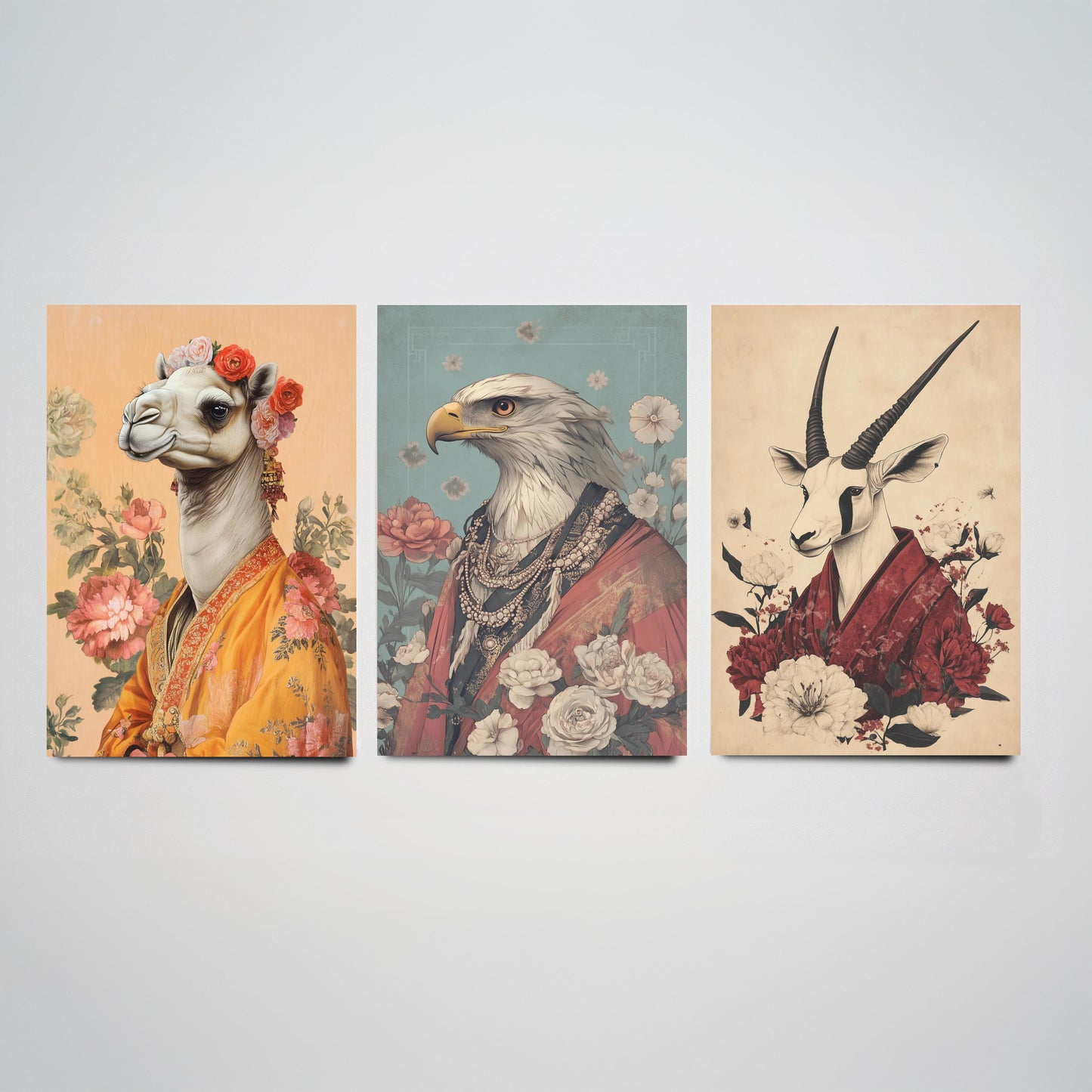 Religious Animals Desert Ascetics Set of Three Art Prints - 3 Arabian Oryx Bactrian Camel Golden Eagle Posters - Illustration Wall Gift