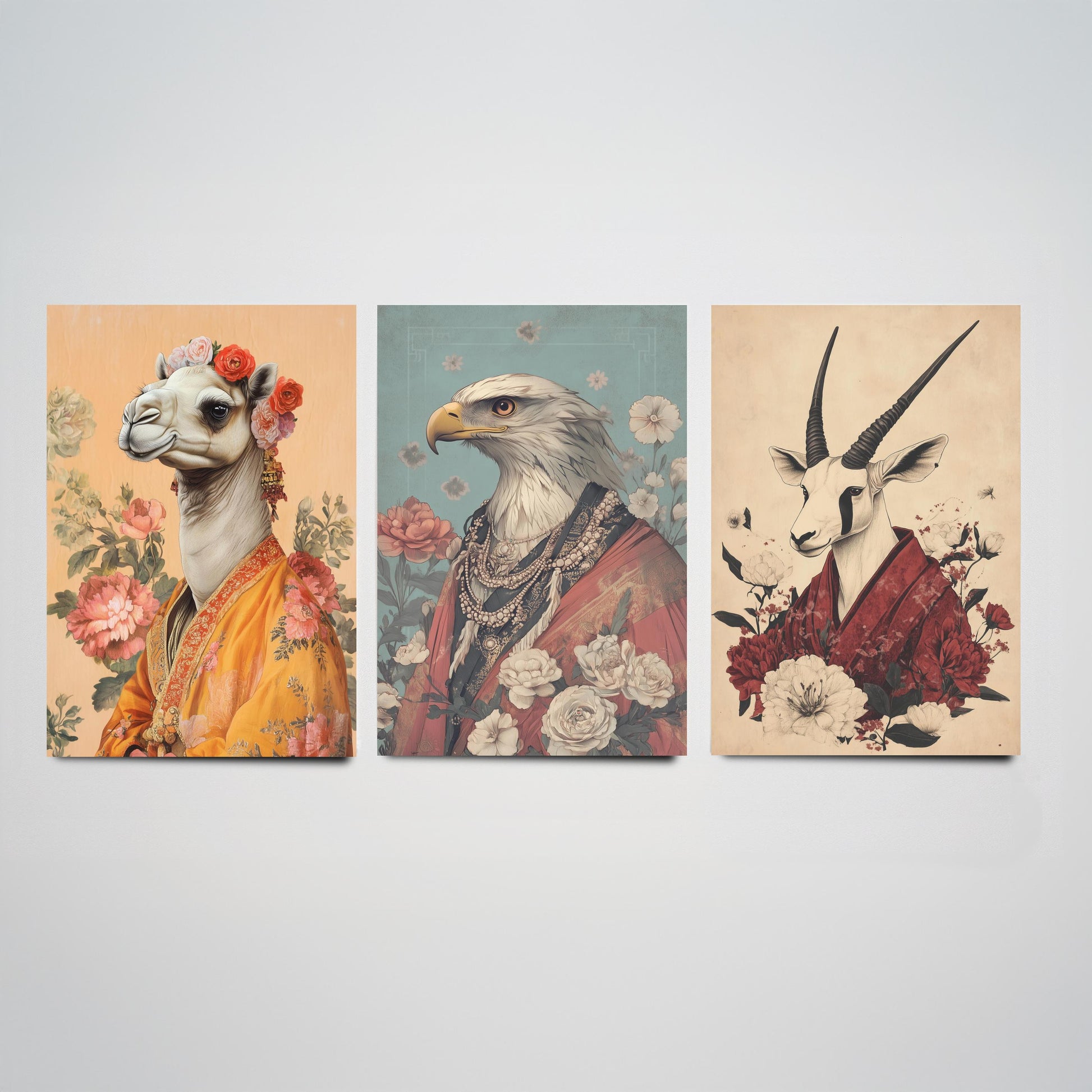 Religious Animals Desert Ascetics Set of Three Art Prints - 3 Arabian Oryx Bactrian Camel Golden Eagle Posters - Illustration Wall Gift