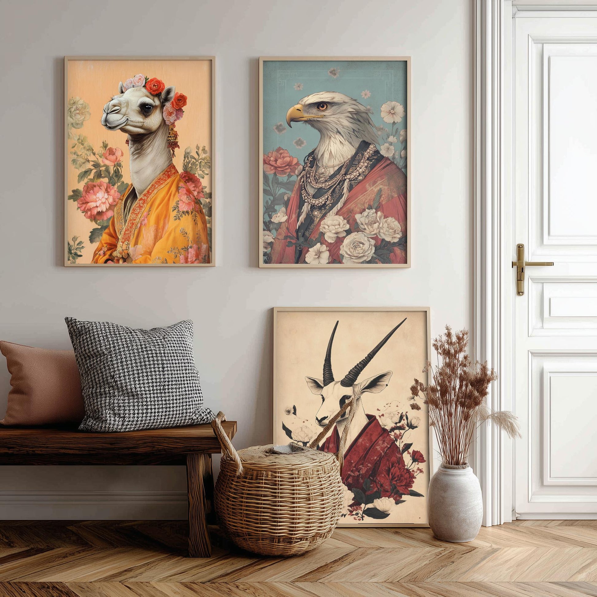 Religious Animals Desert Ascetics Set of Three Art Prints - 3 Arabian Oryx Bactrian Camel Golden Eagle Posters - Illustration Wall Gift