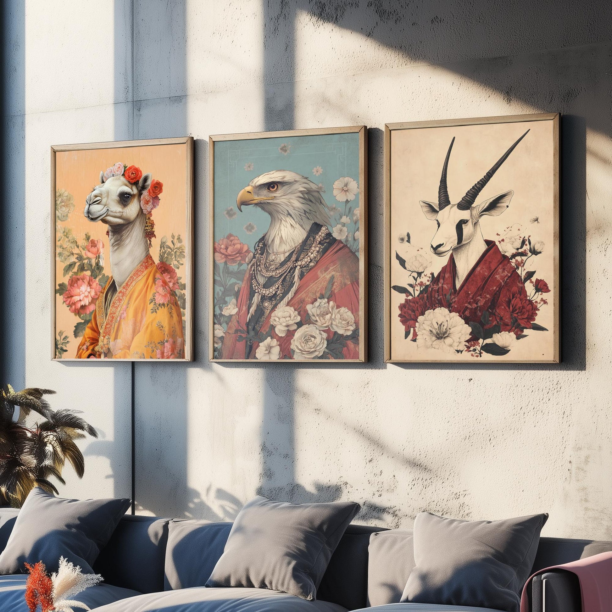 Religious Animals Desert Ascetics Set of Three Art Prints - 3 Arabian Oryx Bactrian Camel Golden Eagle Posters - Illustration Wall Gift