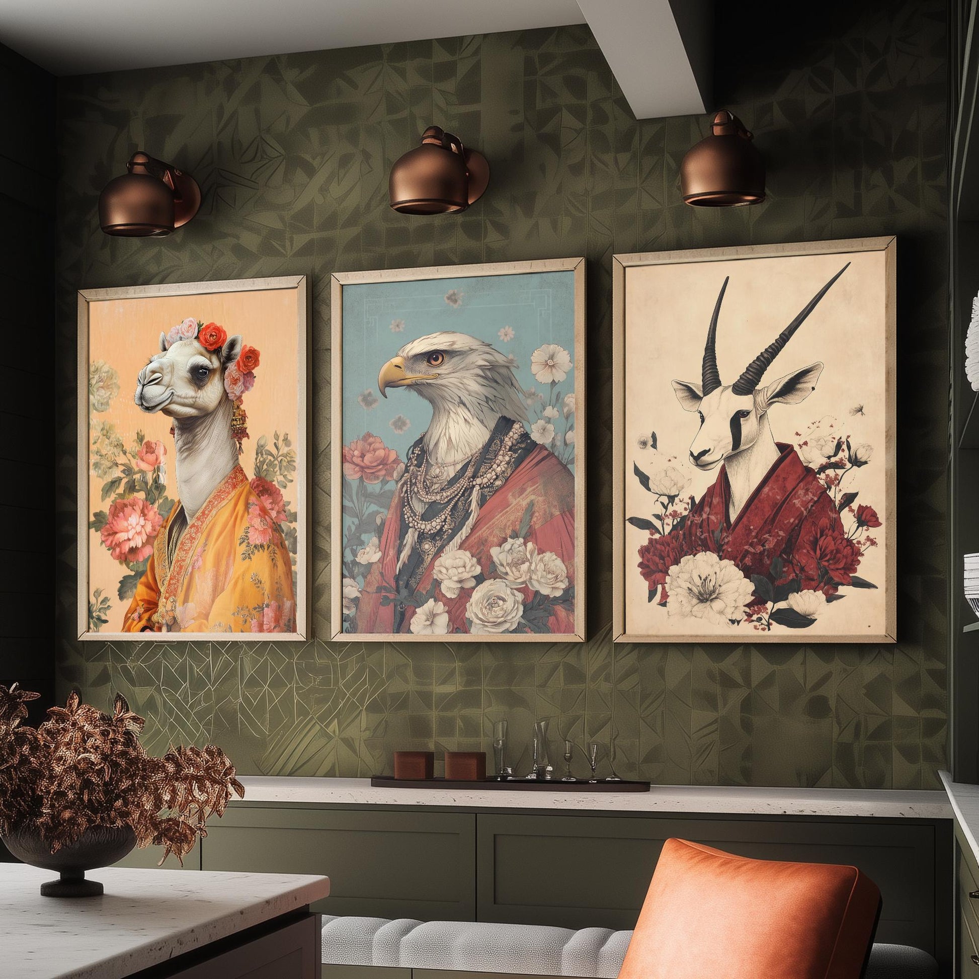 Religious Animals Desert Ascetics Set of Three Art Prints - 3 Arabian Oryx Bactrian Camel Golden Eagle Posters - Illustration Wall Gift