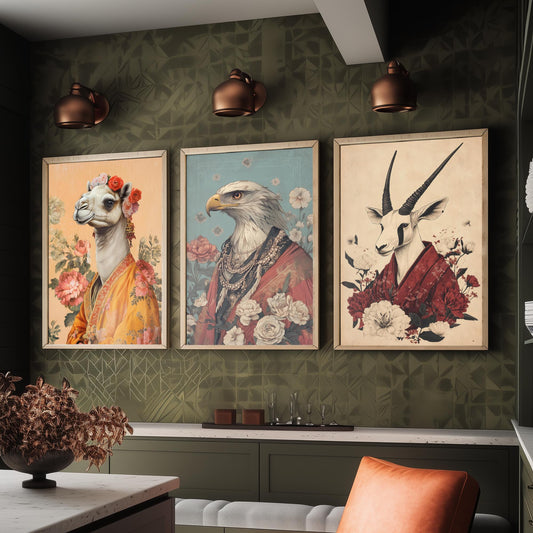 Religious Animals Desert Ascetics Set of Three Art Prints - 3 Arabian Oryx Bactrian Camel Golden Eagle Posters - Illustration Wall Gift