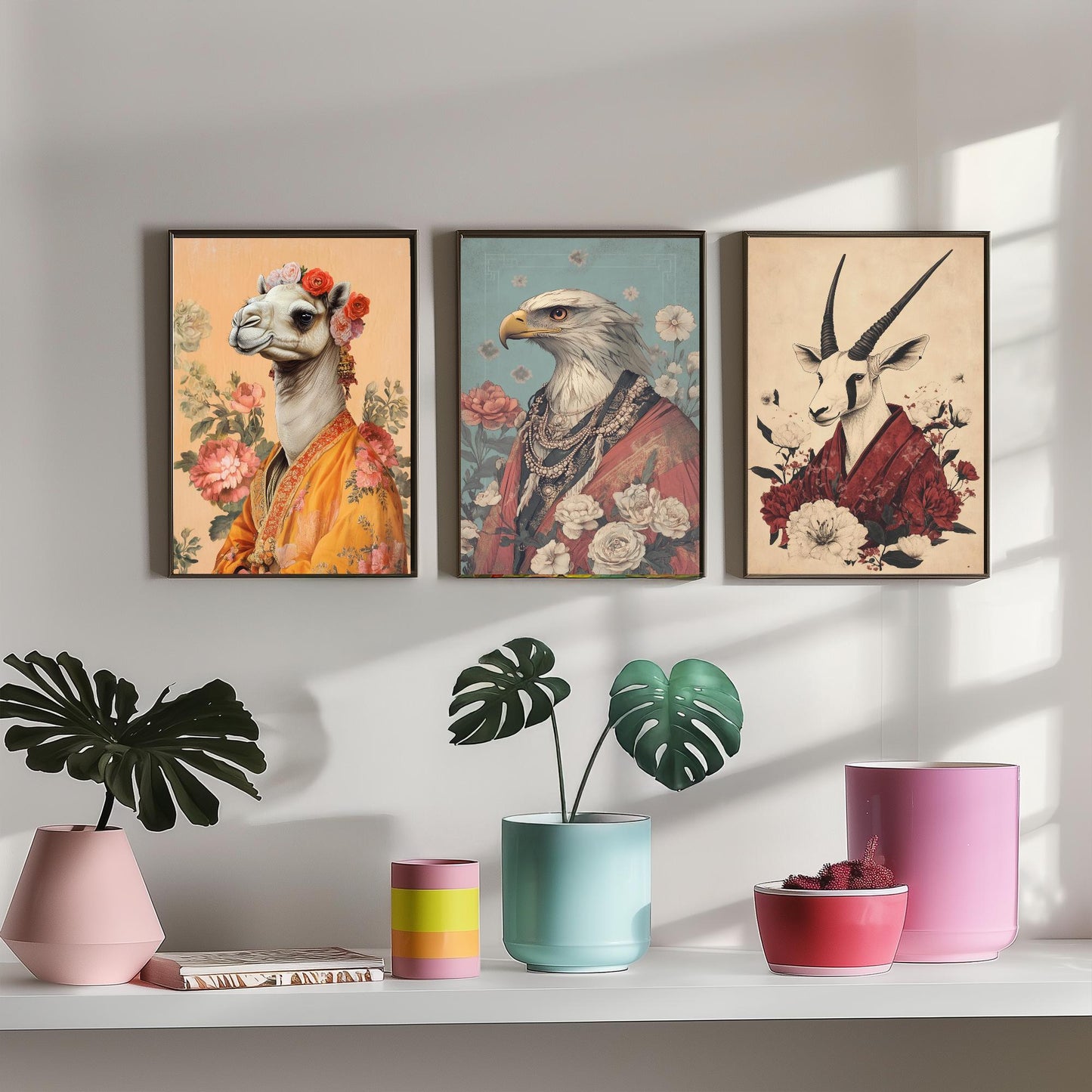 Religious Animals Desert Ascetics Set of Three Art Prints - 3 Arabian Oryx Bactrian Camel Golden Eagle Posters - Illustration Wall Gift