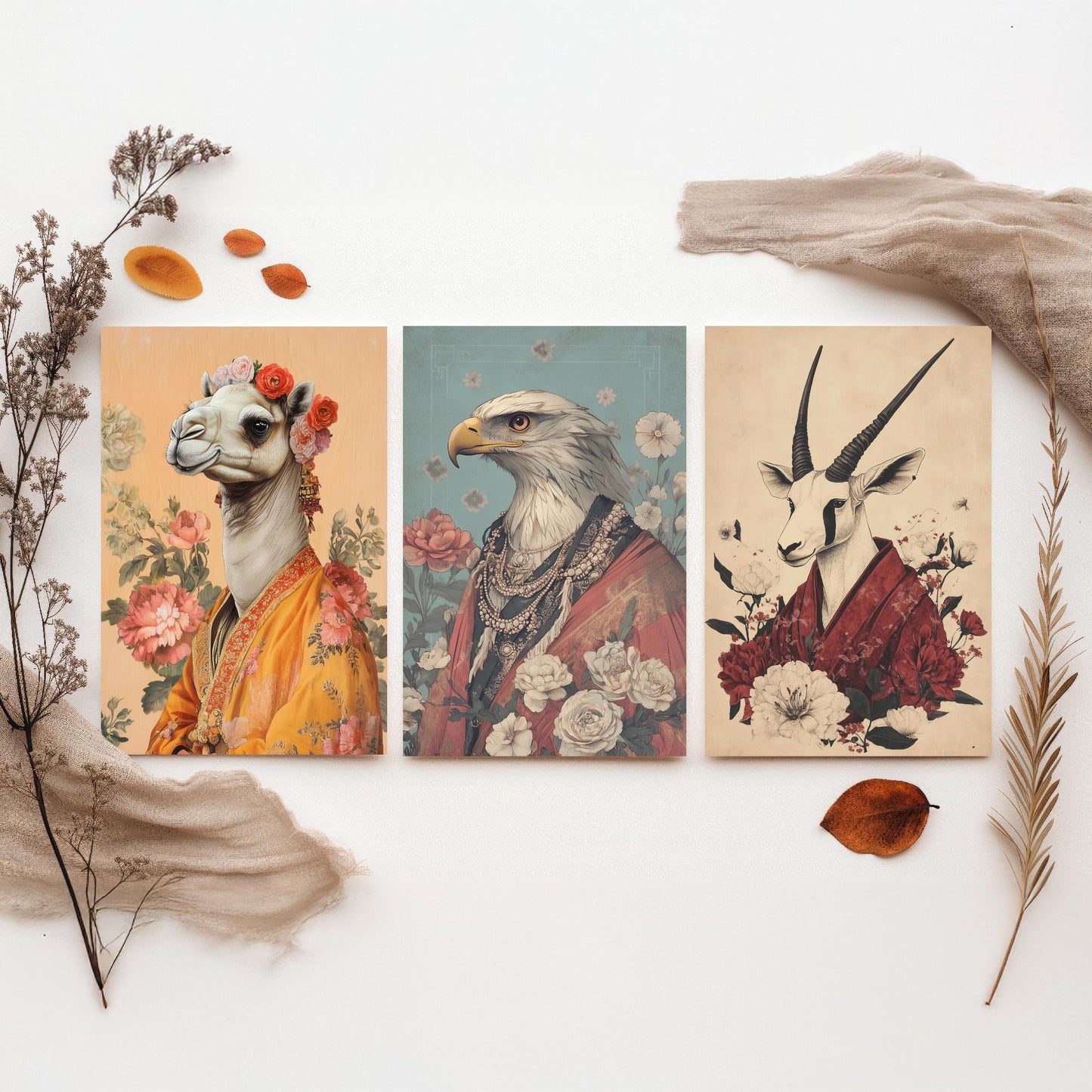 Religious Animals Desert Ascetics Set of Three Art Prints - 3 Arabian Oryx Bactrian Camel Golden Eagle Posters - Illustration Wall Gift