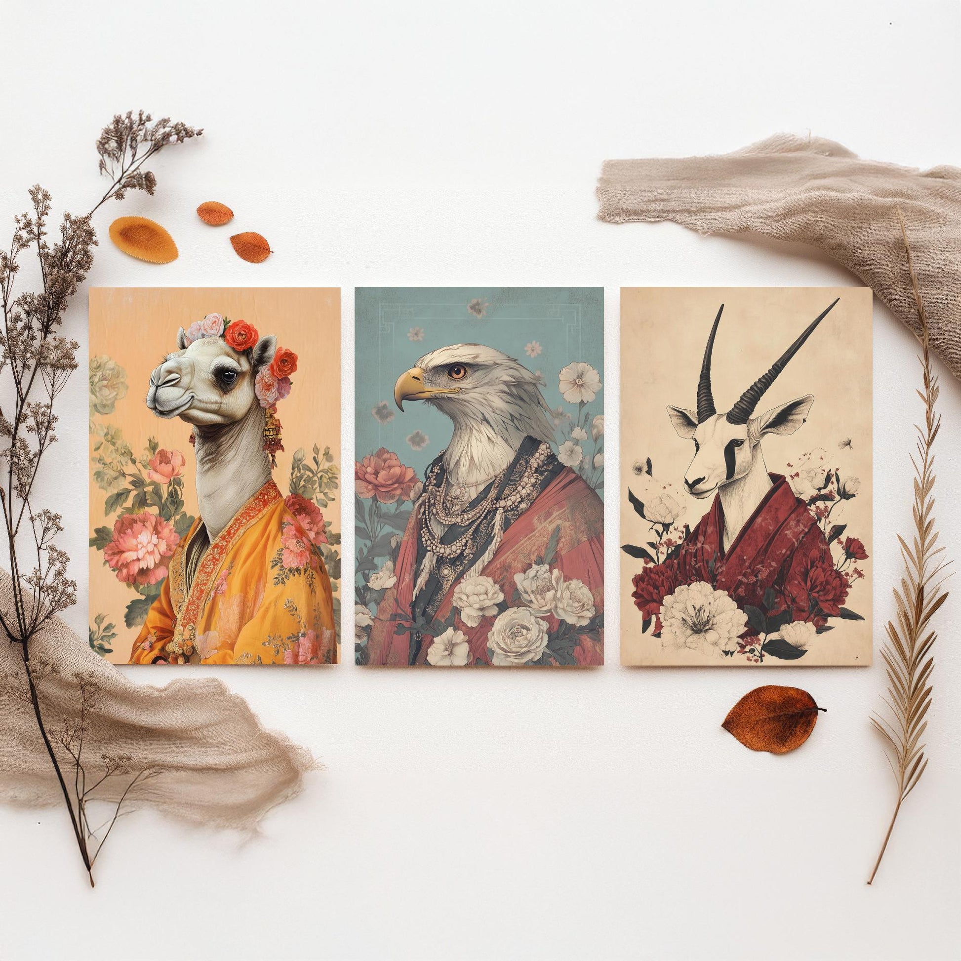 Religious Animals Desert Ascetics Set of Three Art Prints - 3 Arabian Oryx Bactrian Camel Golden Eagle Posters - Illustration Wall Gift
