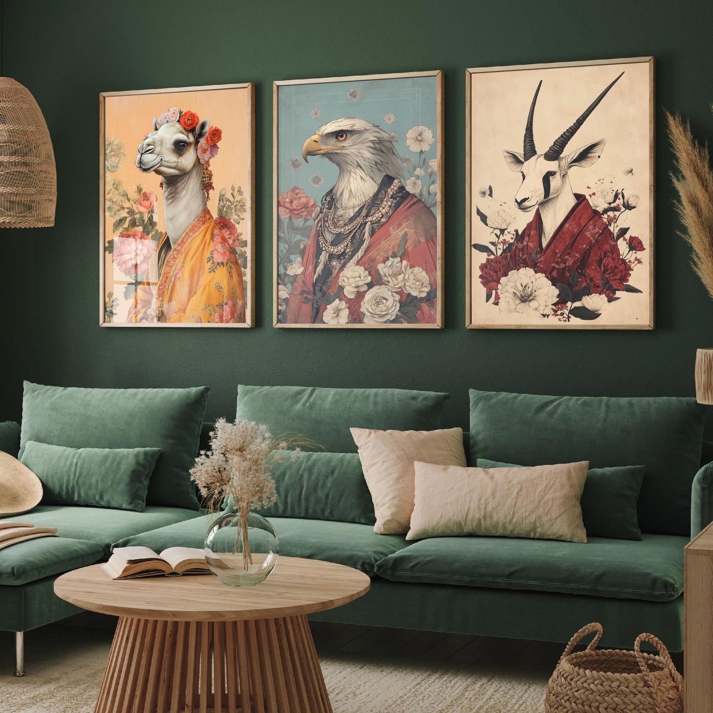 Religious Animals Desert Ascetics Set of Three Art Prints - 3 Arabian Oryx Bactrian Camel Golden Eagle Posters - Illustration Wall Gift