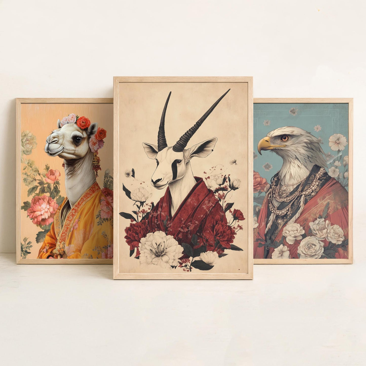 Religious Animals Desert Ascetics Set of Three Art Prints - 3 Arabian Oryx Bactrian Camel Golden Eagle Posters - Illustration Wall Gift