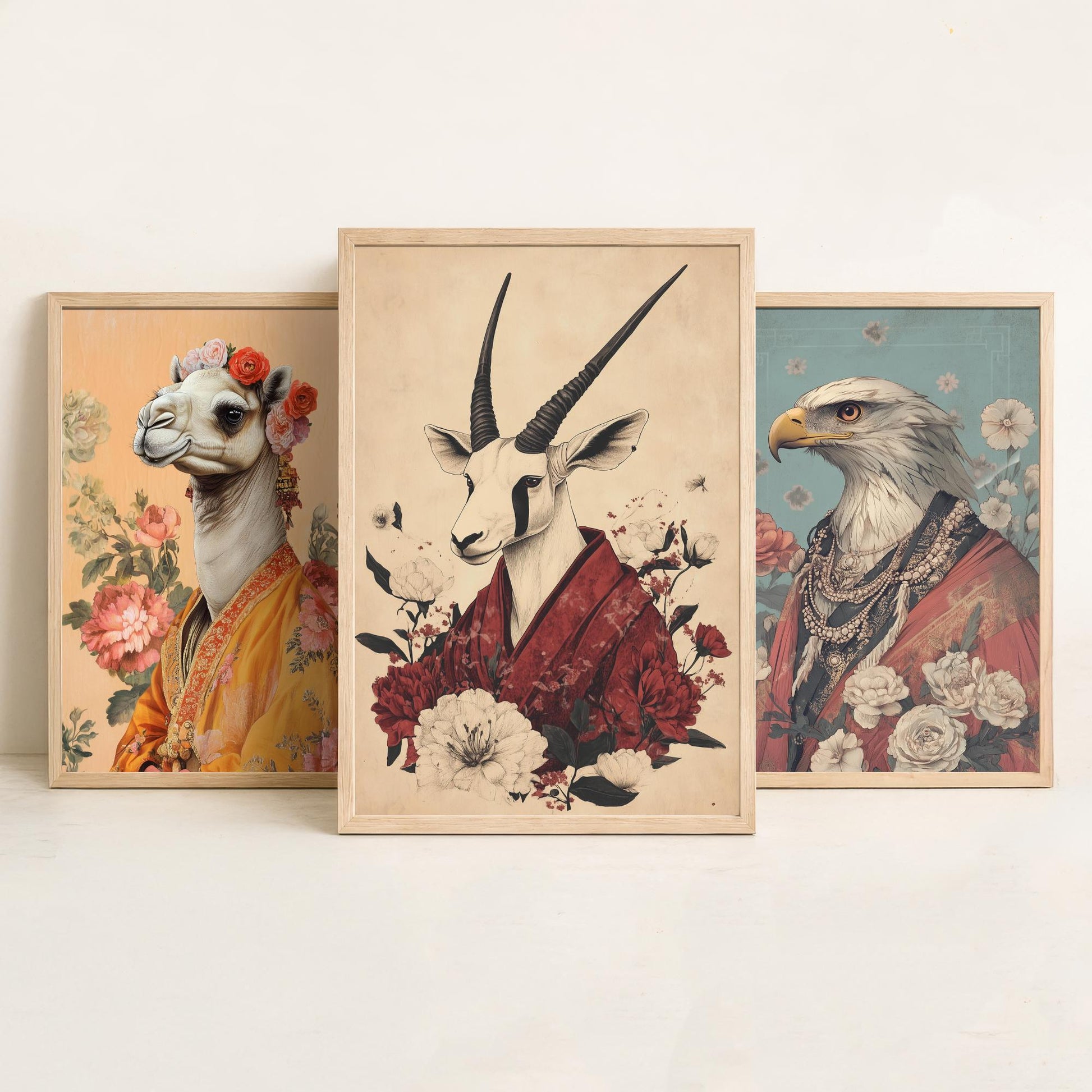 Religious Animals Desert Ascetics Set of Three Art Prints - 3 Arabian Oryx Bactrian Camel Golden Eagle Posters - Illustration Wall Gift