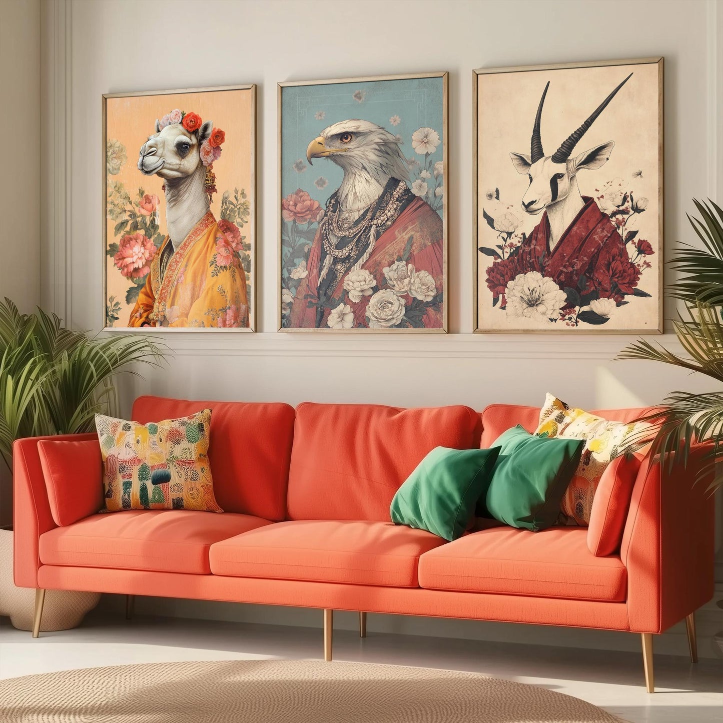 Religious Animals Desert Ascetics Set of Three Art Prints - 3 Arabian Oryx Bactrian Camel Golden Eagle Posters - Illustration Wall Gift