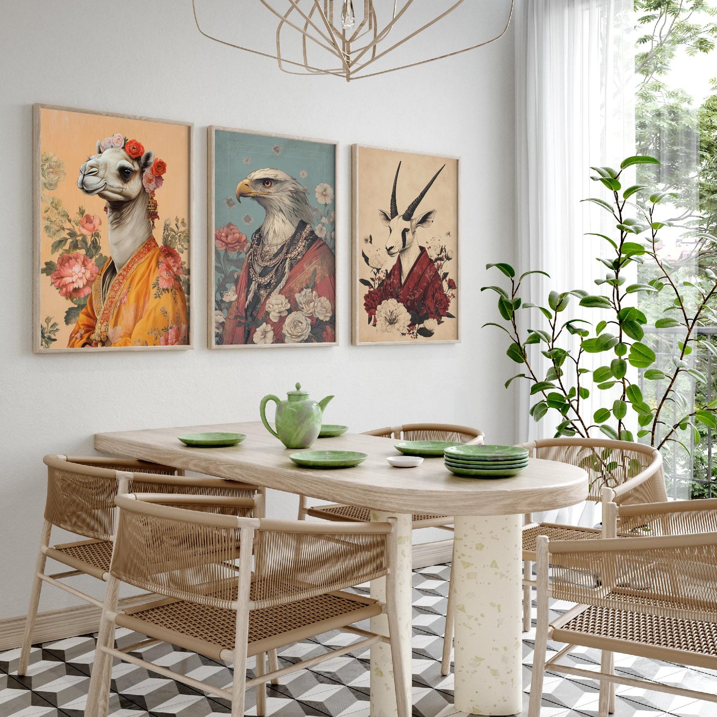 Religious Animals Desert Ascetics Set of Three Art Prints - 3 Arabian Oryx Bactrian Camel Golden Eagle Posters - Illustration Wall Gift
