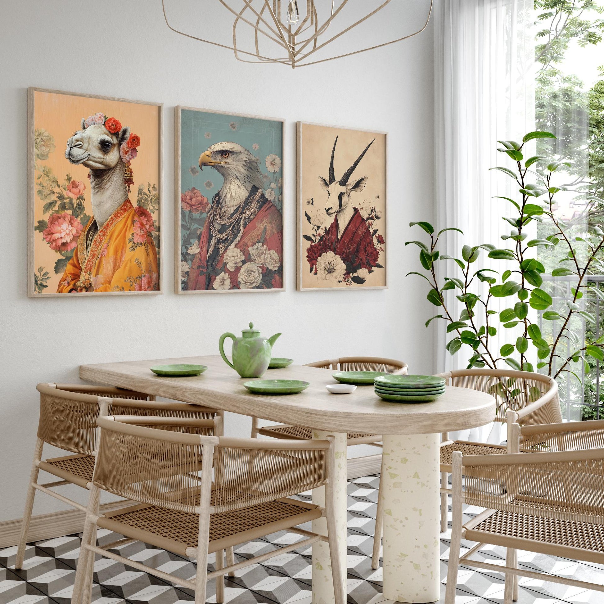 Religious Animals Desert Ascetics Set of Three Art Prints - 3 Arabian Oryx Bactrian Camel Golden Eagle Posters - Illustration Wall Gift