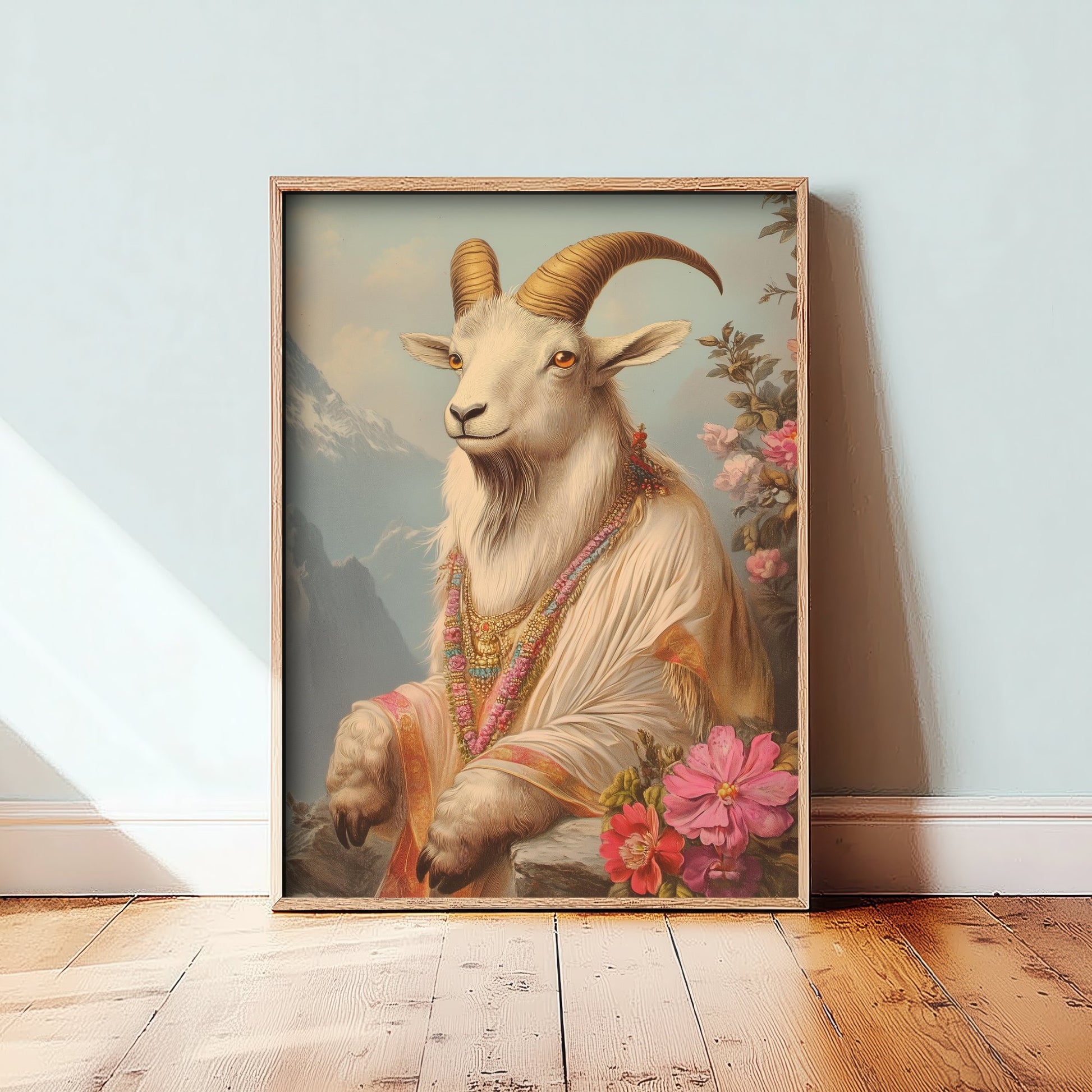 Mountain Goat Art Print - Whimsical Animal in Robe Poster - Floral Illustration - Mountain Guardian Wall Art 1/3