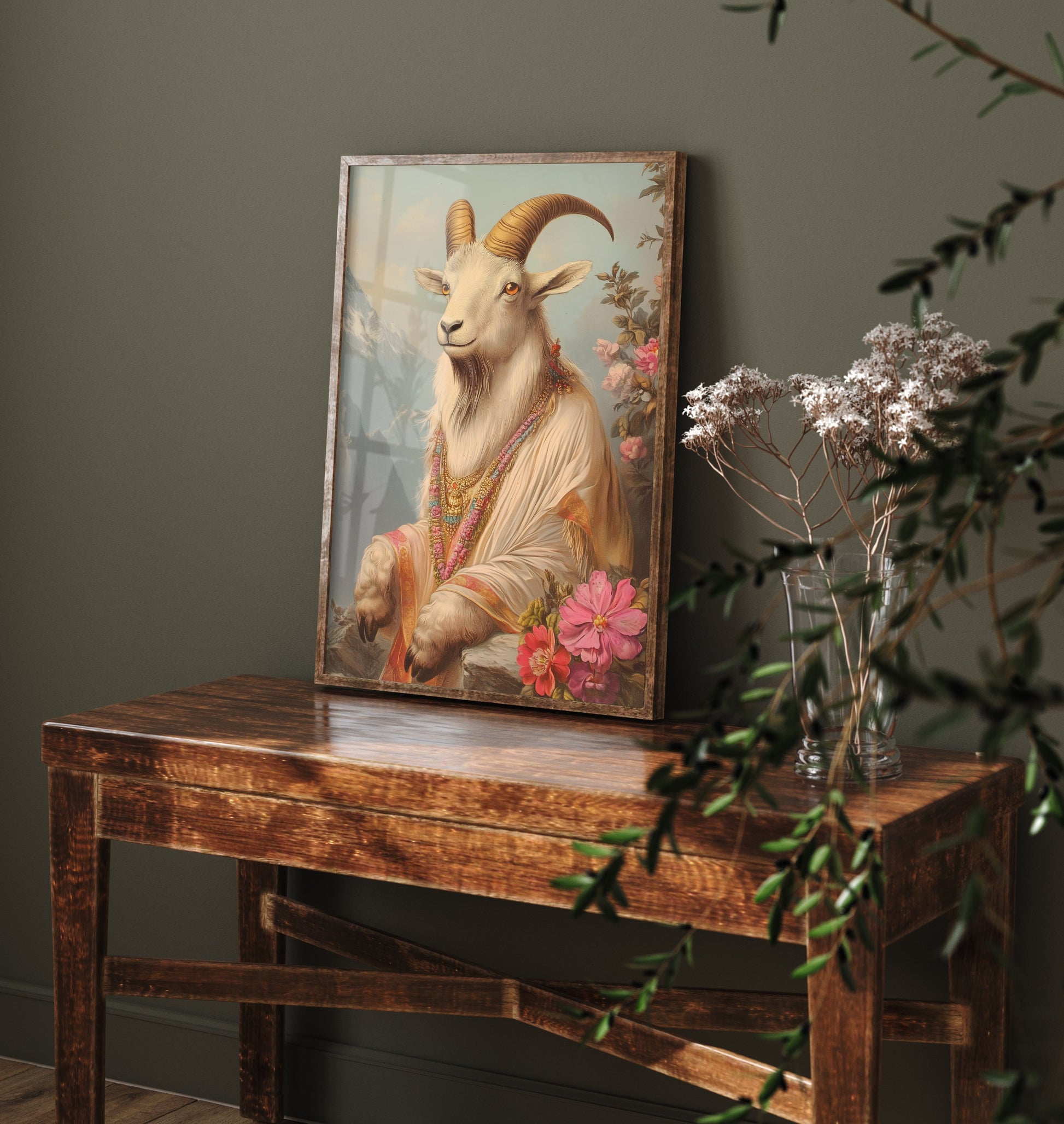 Mountain Goat Art Print - Whimsical Animal in Robe Poster - Floral Illustration - Mountain Guardian Wall Art 1/3