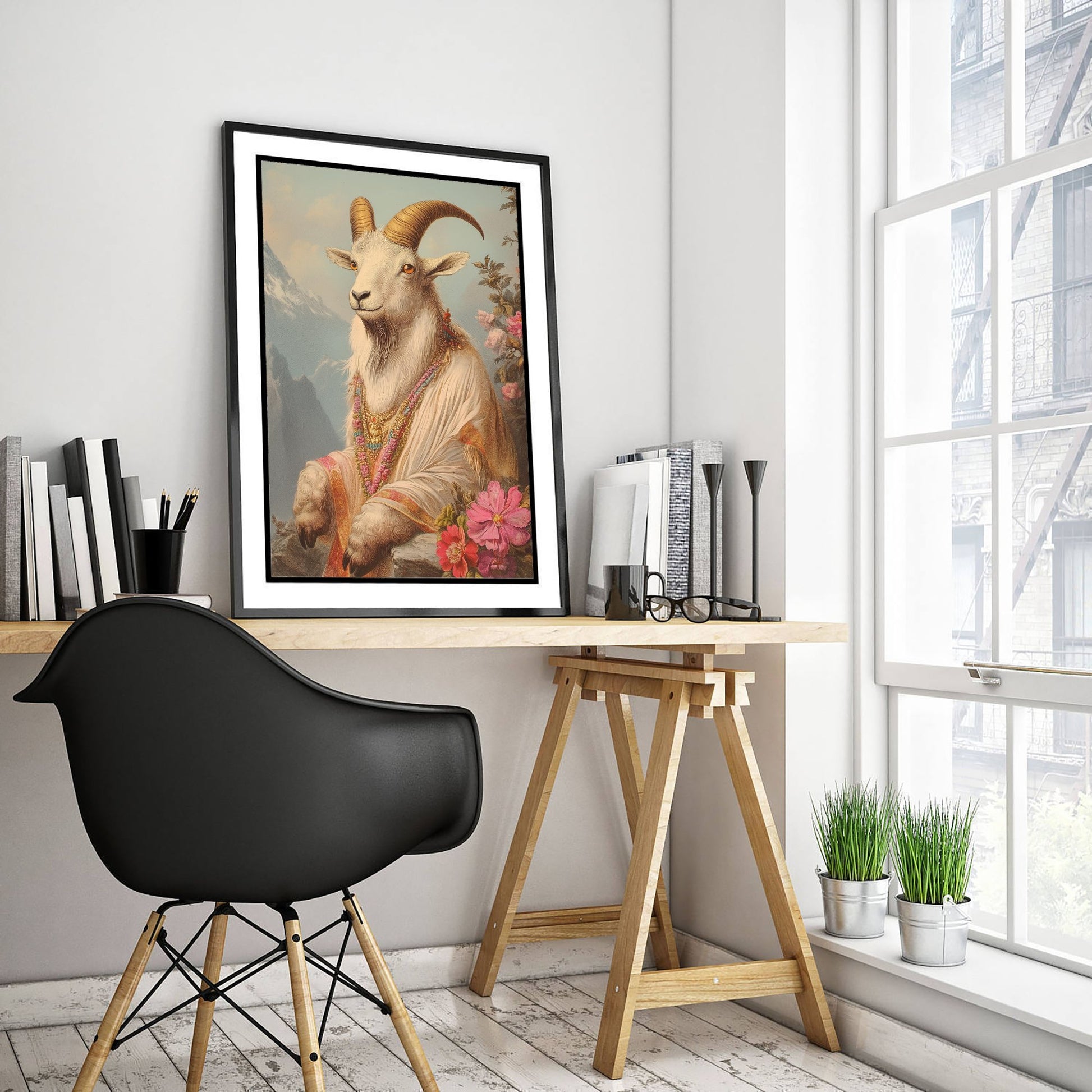 Mountain Goat Art Print - Whimsical Animal in Robe Poster - Floral Illustration - Mountain Guardian Wall Art 1/3