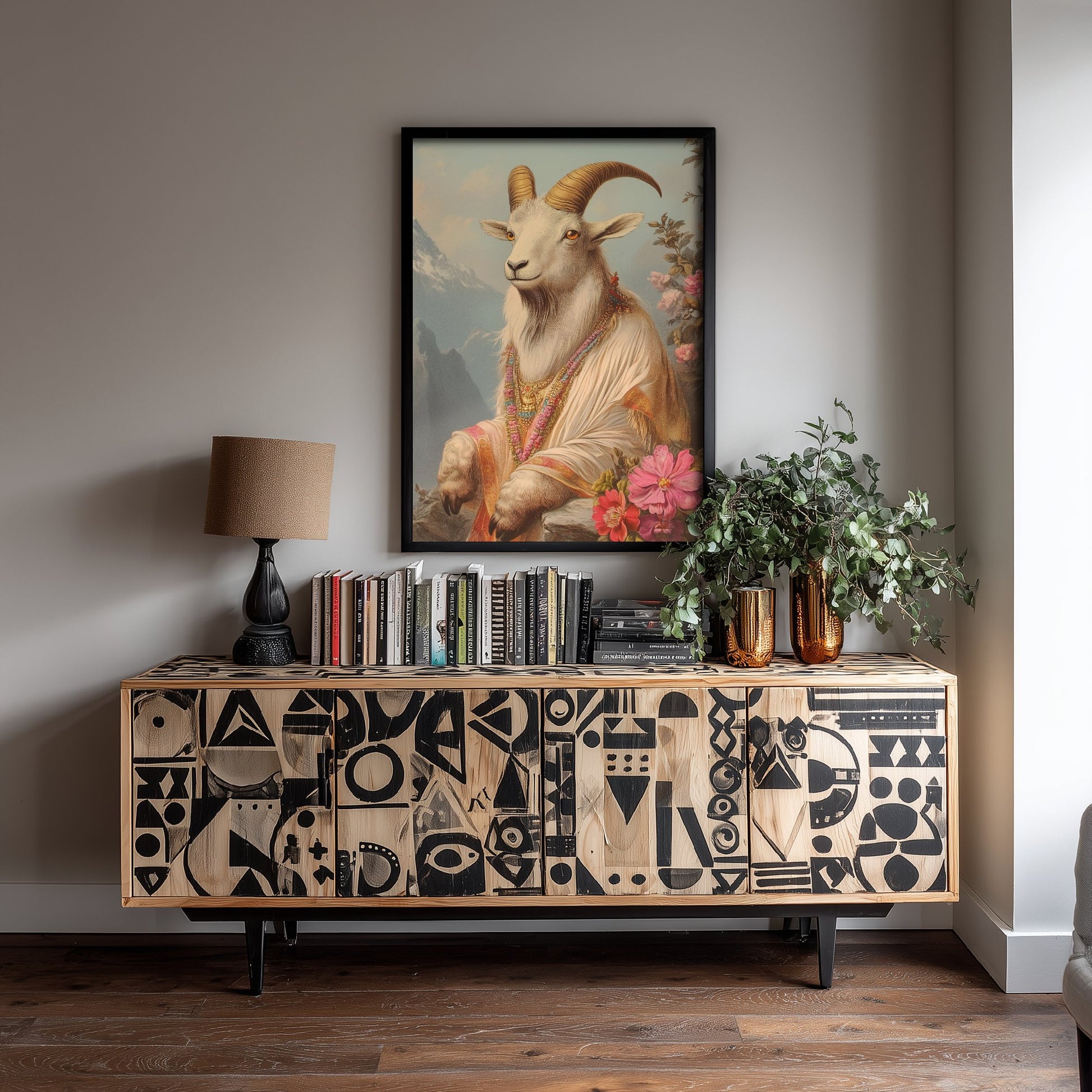 Mountain Goat Art Print - Whimsical Animal in Robe Poster - Floral Illustration - Mountain Guardian Wall Art 1/3