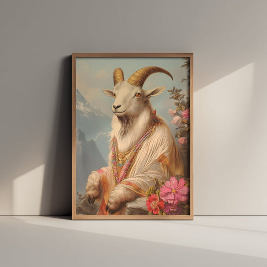 Mountain Goat Art Print - Whimsical Animal in Robe Poster - Floral Illustration - Mountain Guardian Wall Art 1/3