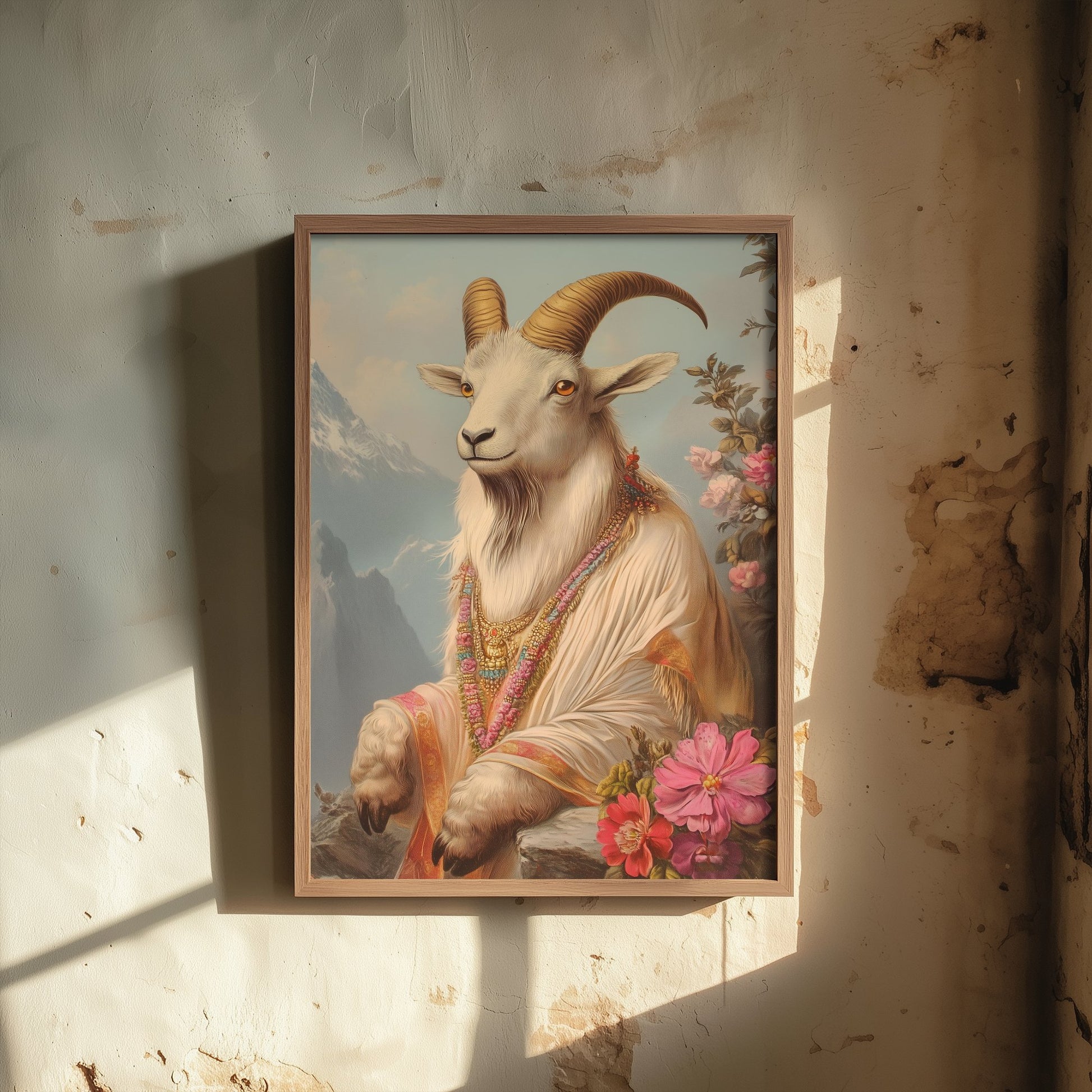 Mountain Goat Art Print - Whimsical Animal in Robe Poster - Floral Illustration - Mountain Guardian Wall Art 1/3