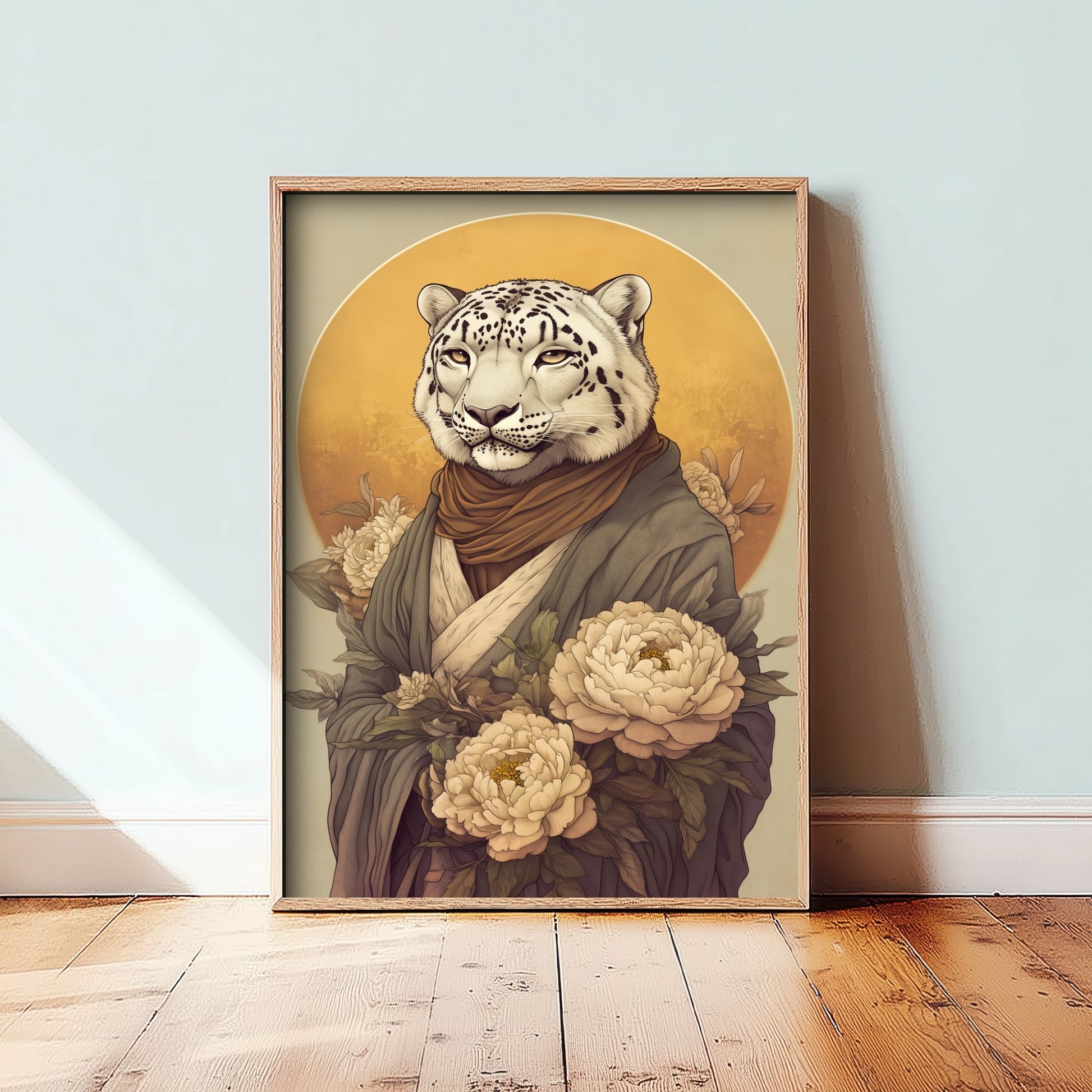 Snow Leopard Art Print - Whimsical Animal in Robe Poster - Floral Illustration - Mountain Guardian Wall Art 2/3