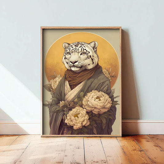 Snow Leopard Art Print - Whimsical Animal in Robe Poster - Floral Illustration - Mountain Guardian Wall Art 2/3