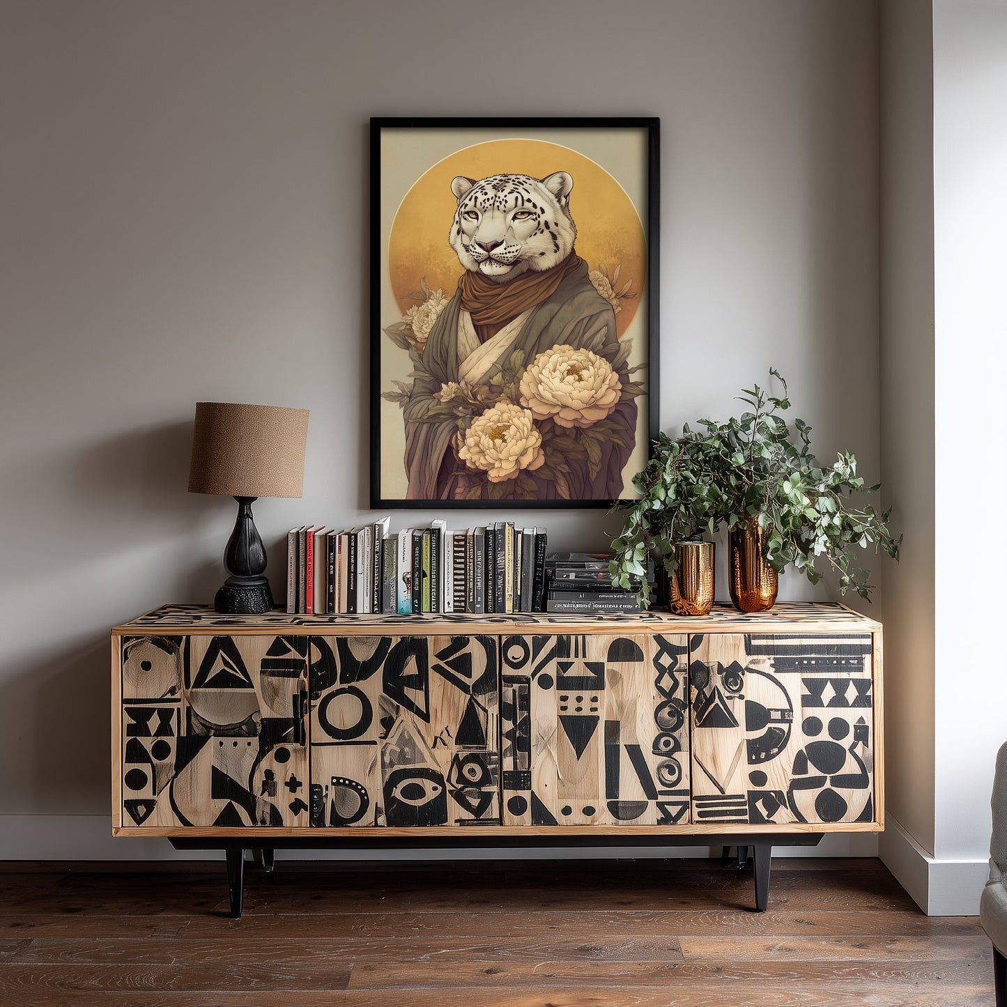 Snow Leopard Art Print - Whimsical Animal in Robe Poster - Floral Illustration - Mountain Guardian Wall Art 2/3