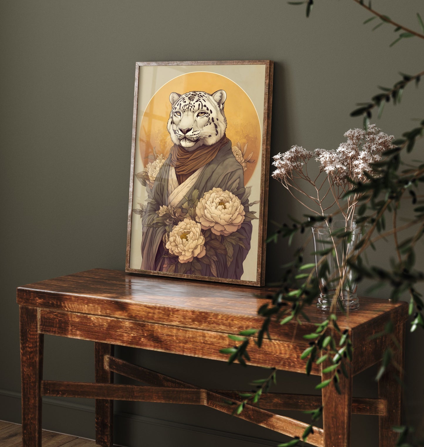 Snow Leopard Art Print - Whimsical Animal in Robe Poster - Floral Illustration - Mountain Guardian Wall Art 2/3